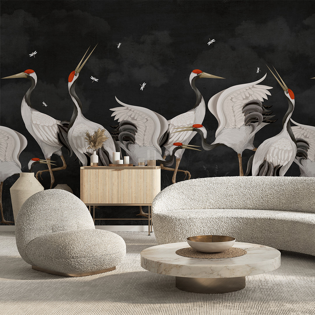 Black Japanese Cranes Wall Mural WM109 - Elegant Asian-Inspired Home Decor for Living Room, Bedroom & Office