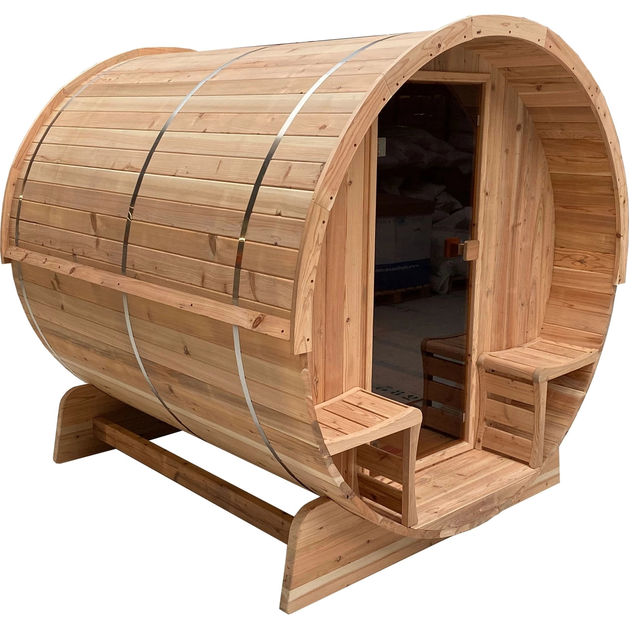 Aleko Outdoor Rustic Cedar Barrel Steam Sauna for 4 People - ETL Certified Front Porch Canopy - Perfect for Backyard Relaxation, Spa Day & Home Wellness Retreats