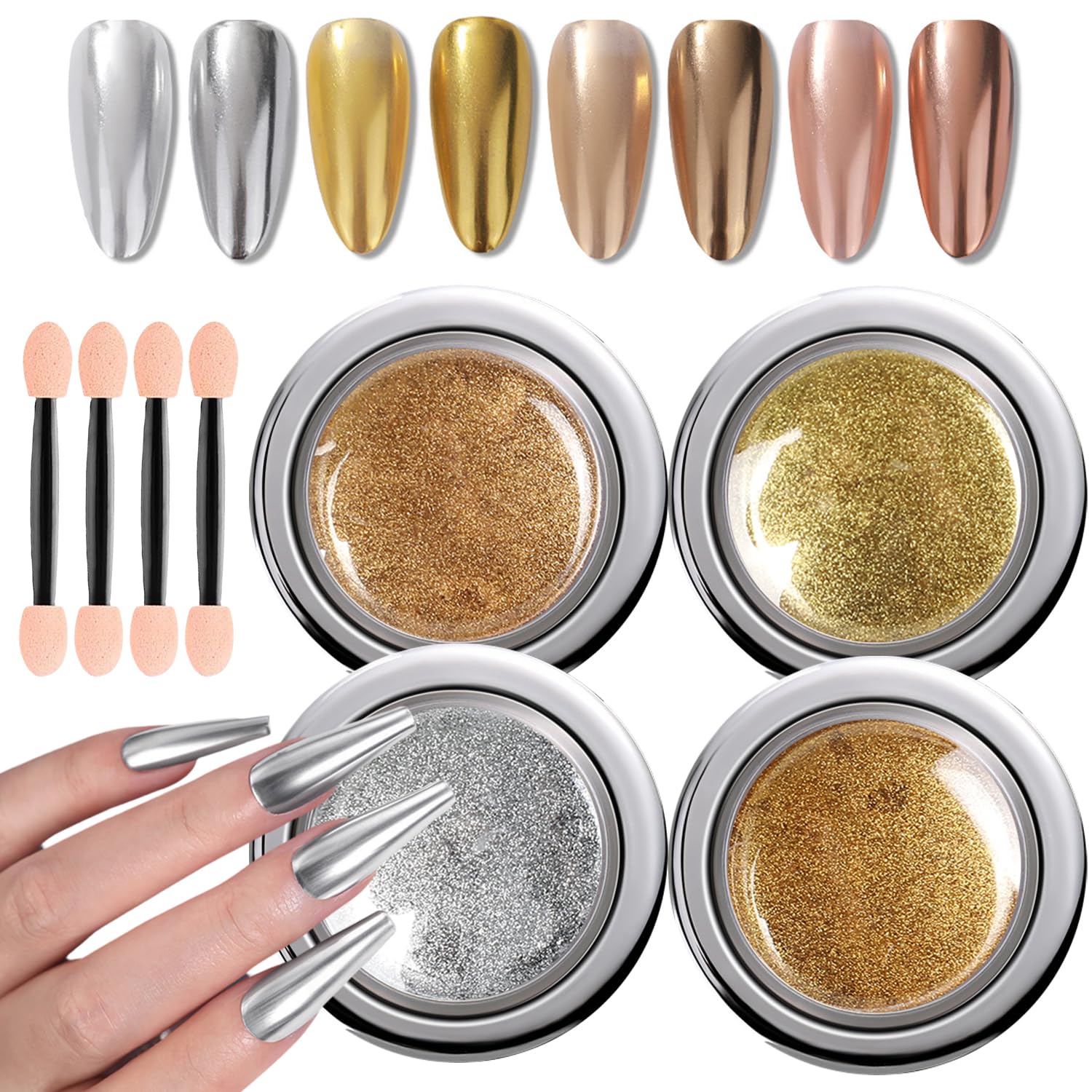 GZMAYUEN Chrome Nail Powder Set - 4 Colors (Gold, Silver, Champagne, Copper) Mirror Effect Metallic Nail Powder for Women & Girls | Perfect for Nail Art, DIY Manicures, and Gift Giving