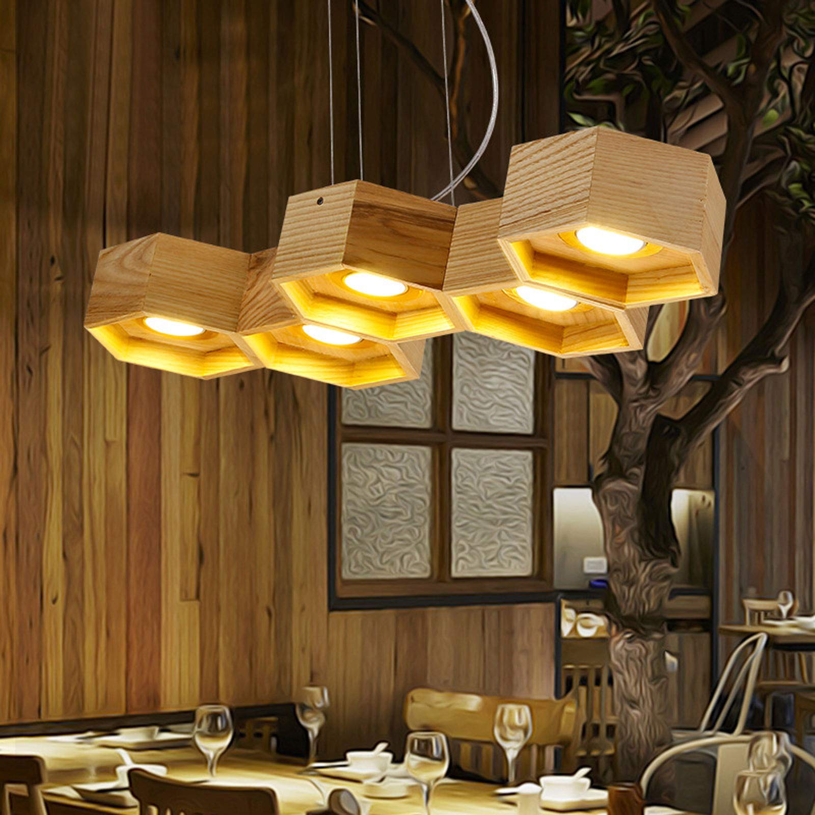 Modern 5-Light Wooden Chandelier - Farmhouse LED Pendant Light with Adjustable Chain, Retro Ceiling Fixture for Kitchen, Dining Room, Bar & Restaurant Decor | Wood Grain Finish | Perfect for Rustic, Vintage & Industrial Style Home Lighting