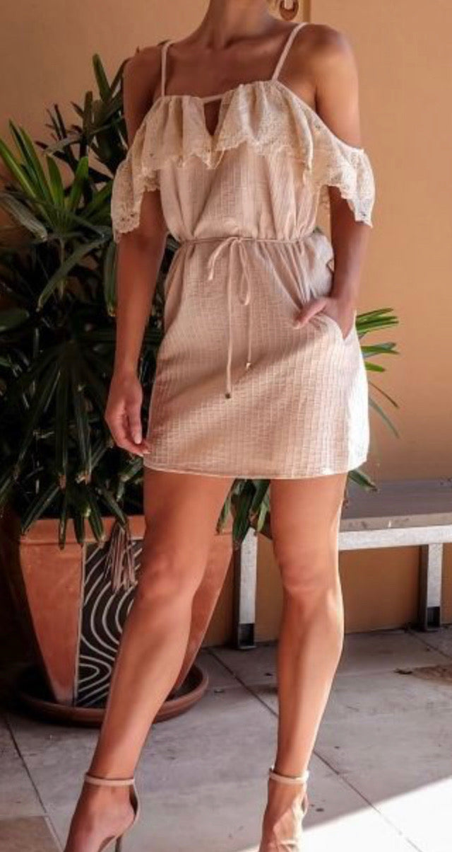 Elegant Beige Lace Detail Dress for Women - Perfect for Weddings, Parties & Special Occasions