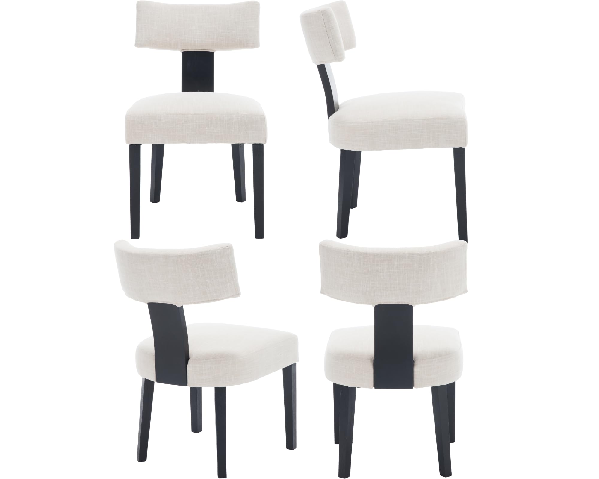 VESCASA Mid-Century Modern Upholstered Dining Chairs - Set of 2 Beige Linen Padded Chairs with Black Wood Legs & Curved Open Back for Dining Room, Kitchen, Restaurant, or Home Office
