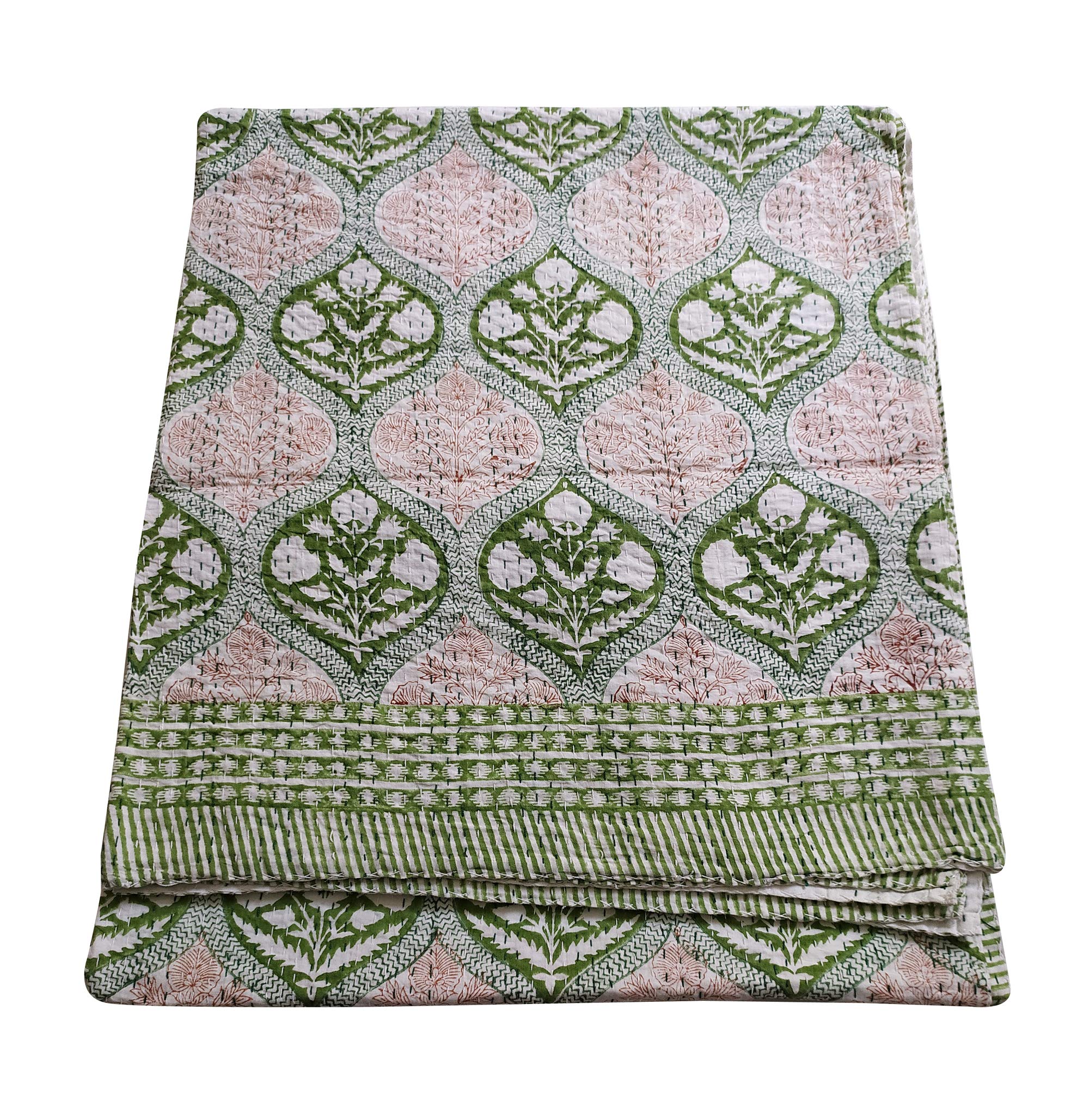 Soft Cotton Kantha Quilt Blanket - Green Floral Print 90x108 Inch - Cozy Bedspread for Home Decor, Guest Room & Boho Style Bedding
