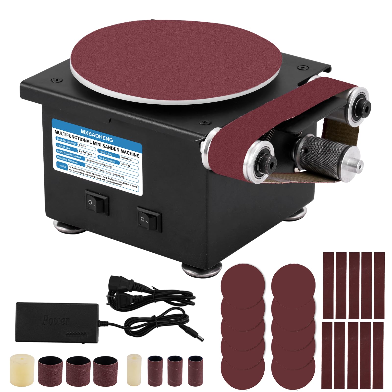 MXBAOHENG 6-Inch Mini Disc Sander & 1.2x15-Inch Belt Sander Combo - Woodworking, Metal & Stone Grinding Tool with Curve Sanding Spindle - Perfect for DIY Crafts, Furniture Repair & Jewelry Making (Model B)