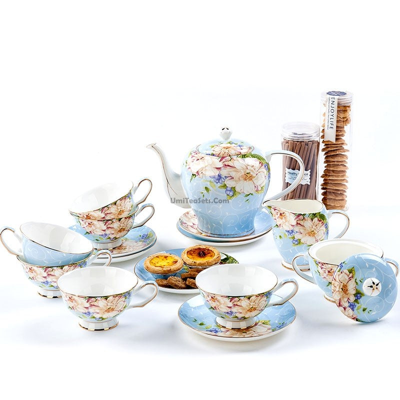Elegant Porcelain Afternoon Tea Set - 16-Piece Floral Bone China Tea Service with Teapot, Cups & Saucers - Perfect for English Tea Parties, Bridal Showers & Garden Gatherings