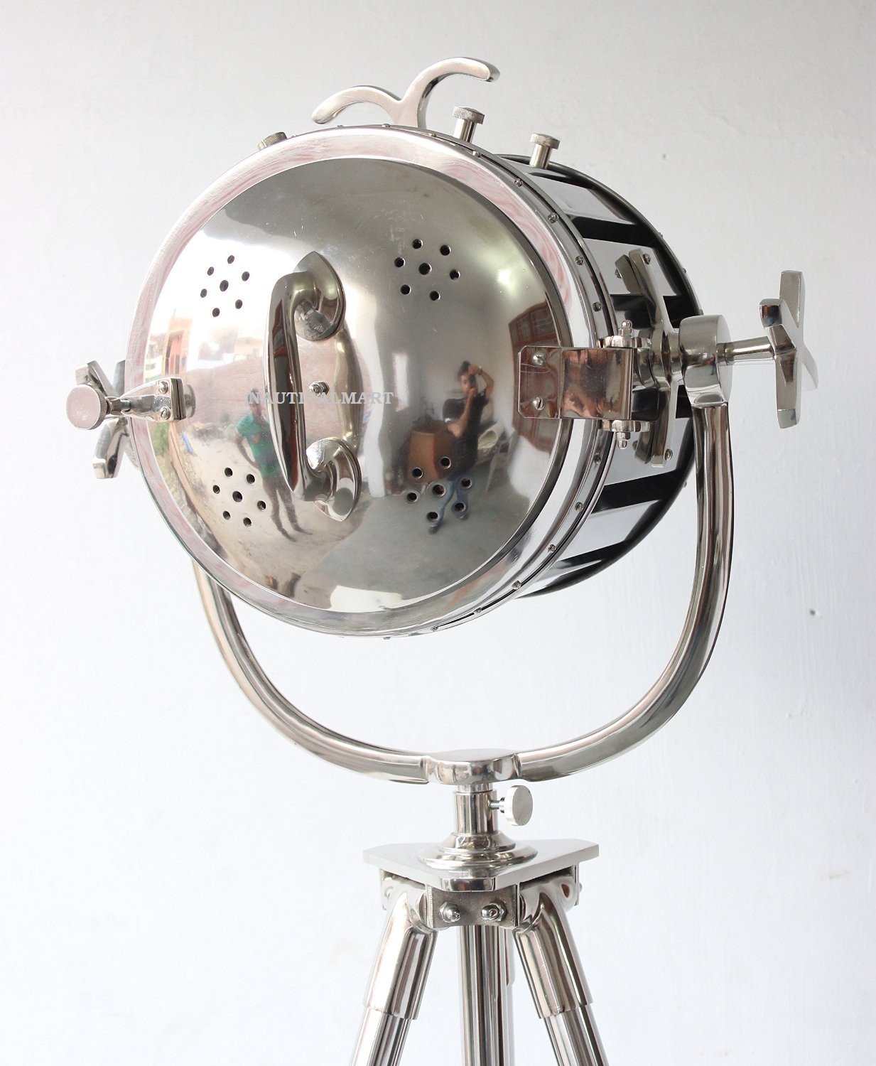 NAUTICALMART Marine Style Chrome Tripod Floor Lamp - Adjustable Height Modern Lighting for Living Room, Bedroom & Office - Coastal & Nautical Home Decor