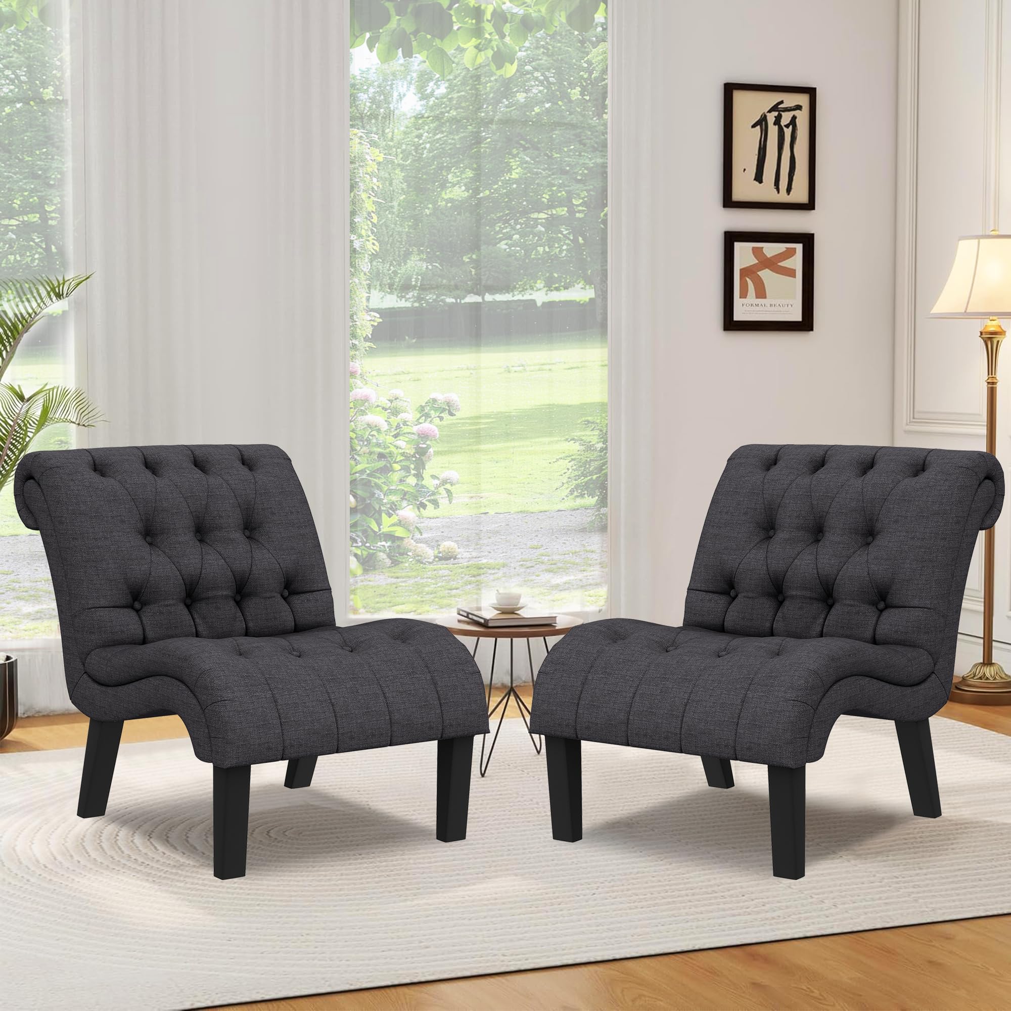 HAOBO Button Tufted Accent Chair - Armless Slipper Chair for Living Room, Bedroom & Dining Room - Modern Home Furniture Set of 2 - Perfect for Reading Nooks, Guest Seating & Small Spaces