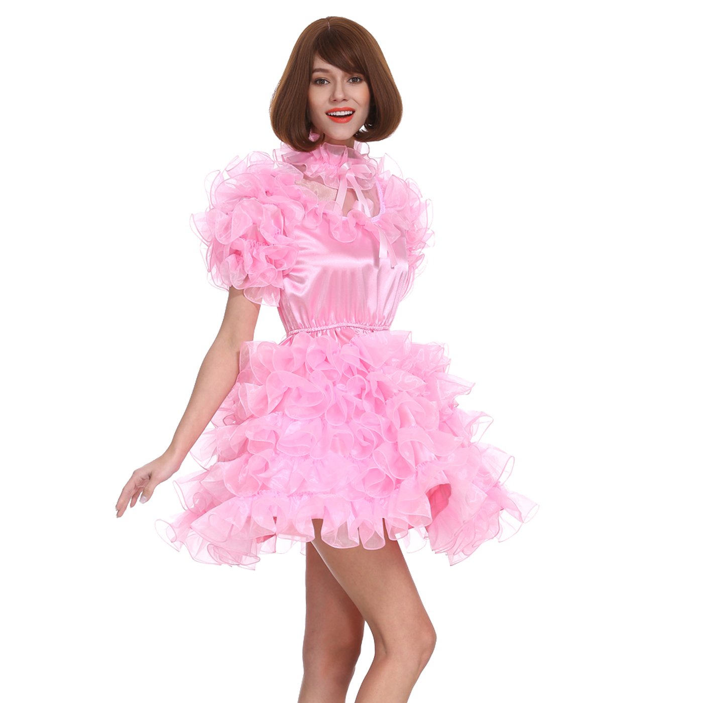 Lockable Pink Puffy Ball Sleeve Maid Dress for Women - Crossdressing Costume with Huge Puff Sleeves | Perfect for Roleplay, Cosplay, and BDSM Parties