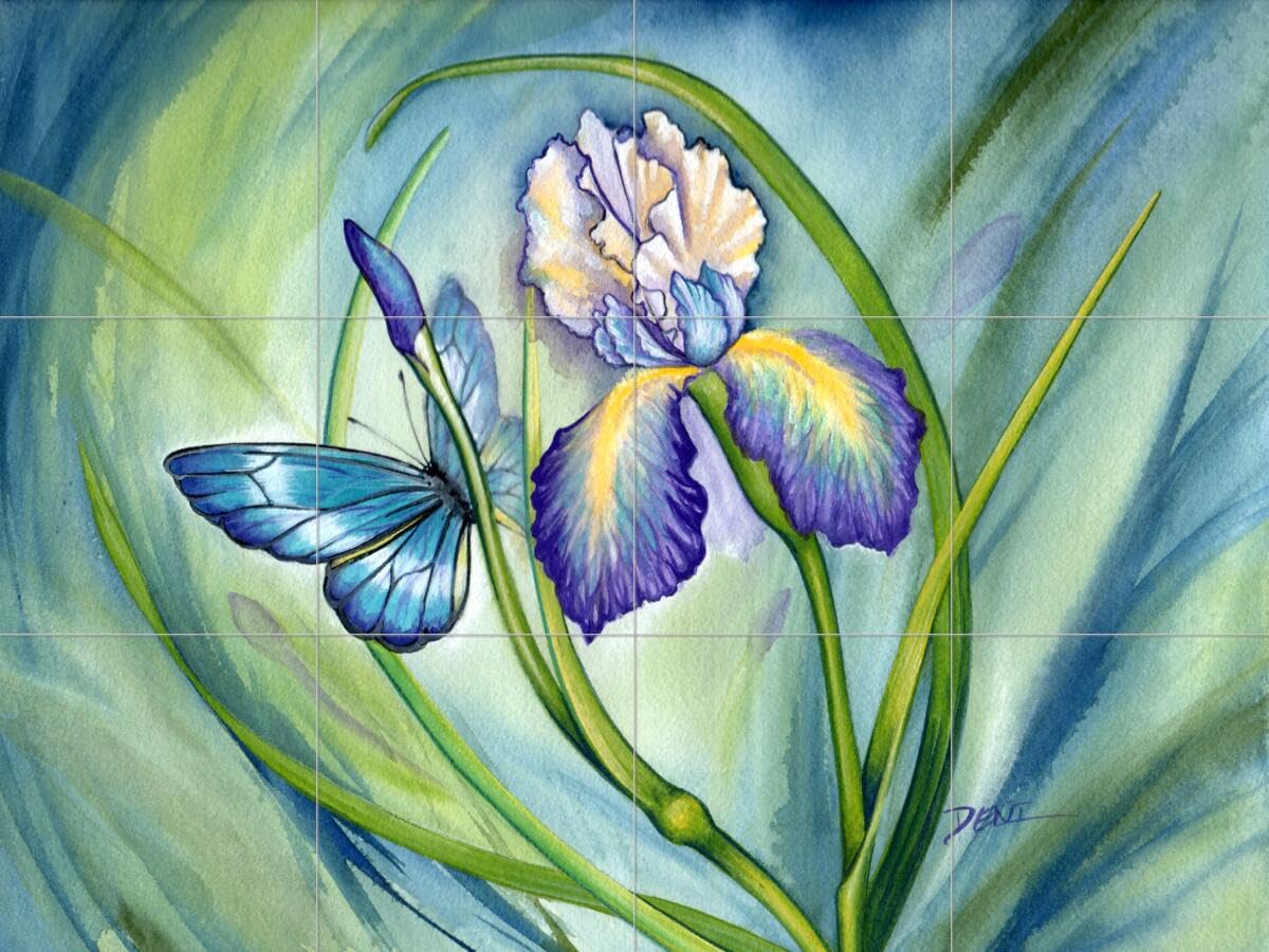 Denise Freeman Floral Ceramic Backsplash Tile Mural - Beautiful Iris Design for Kitchen & Bathroom Wall Decor | Perfect for Home Renovation and DIY Projects