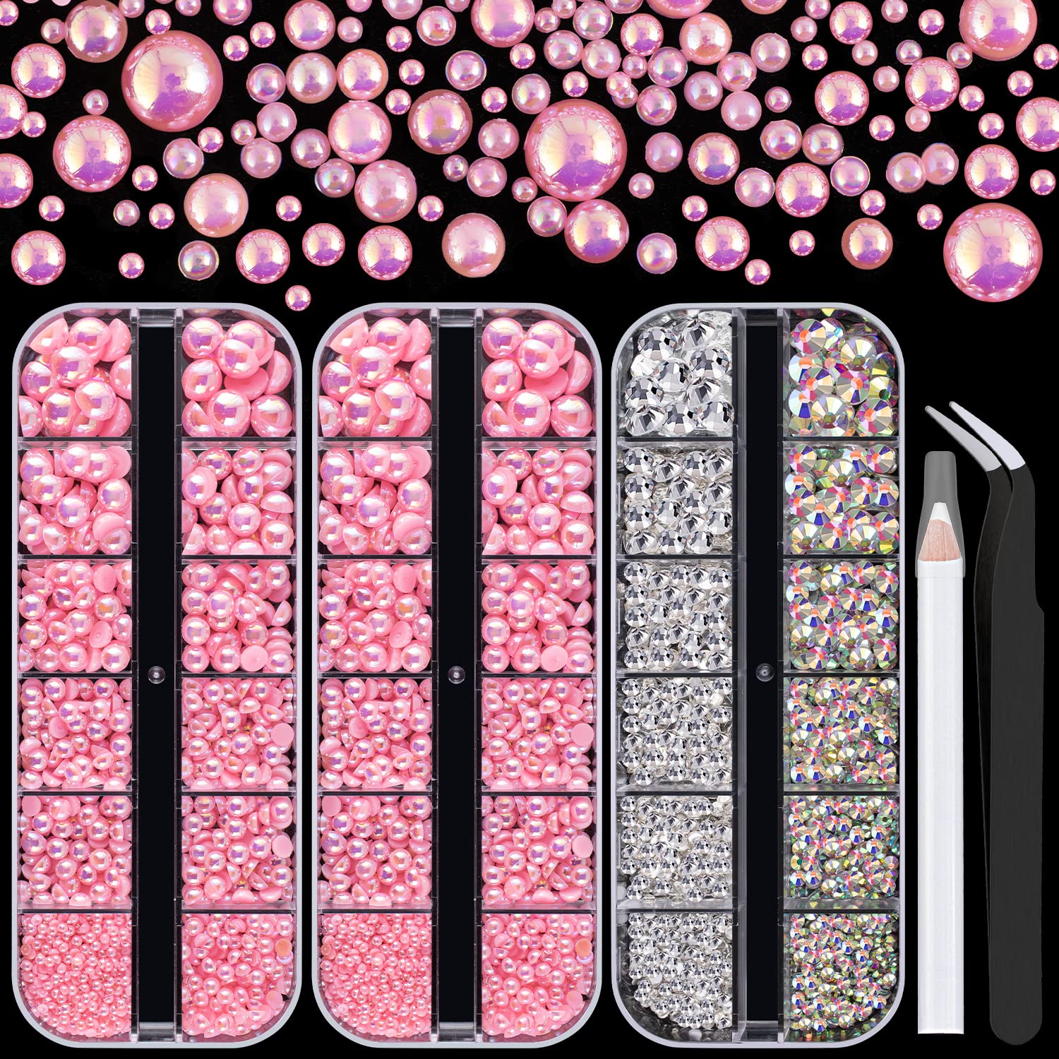 4000PCS Flatback Rhinestones & Half Round Pearls Kit - Multi Size Clear Glass & AB Crystals with Pink AB Dome Beads, Includes Pickup Pencil & Tweezer for Nail Art, DIY Jewelry Making, Scrapbooking & Craft Projects