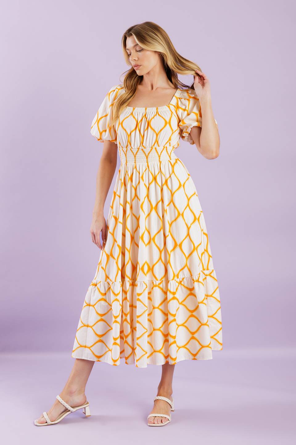 Stylish Yellow Lattice Print Midi Dress for Women - Perfect for Summer Outfits, Beach Vacations & Casual Wear
