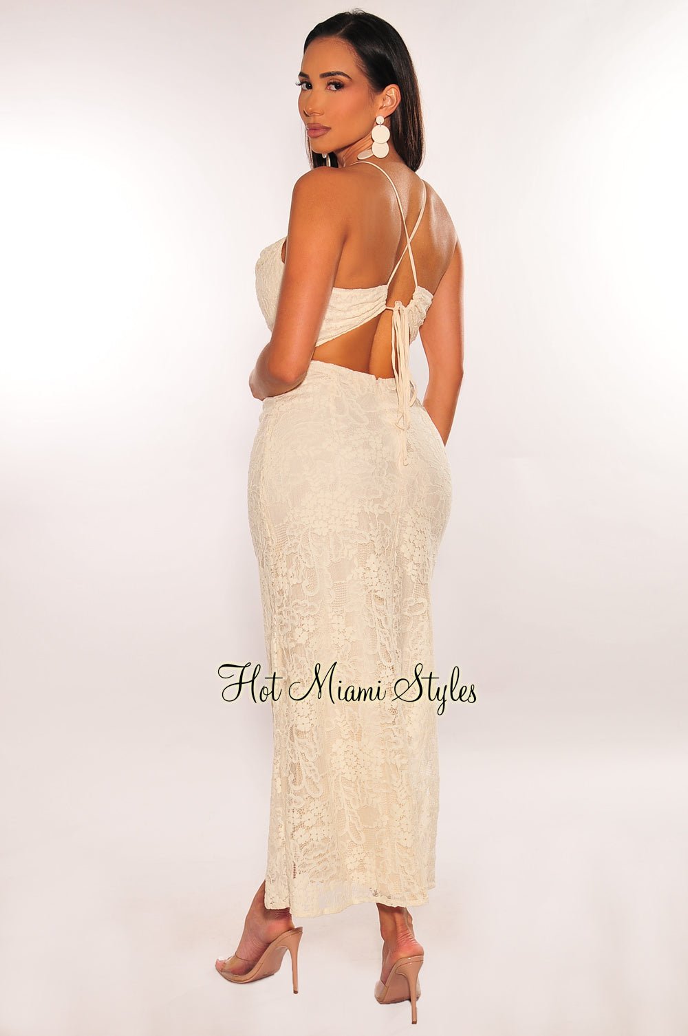 Ivory Floral Lace Spaghetti Strap Criss Cross Back Dress - Elegant Summer Wedding Guest Dress for Beach Party & Cocktail Events