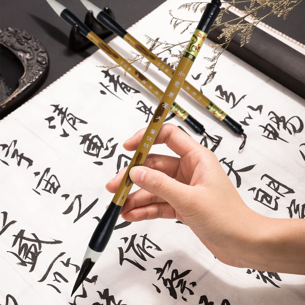 Premium Chinese Calligraphy Brush Set - 3 Sizes (Large, Medium, Small) with Wooden Pen Rest | Sumi Ink Painting & Kanji Writing Brushes for Professionals & Beginners | Perfect for Home Studio, Art Class & Traditional Asian Art Practice