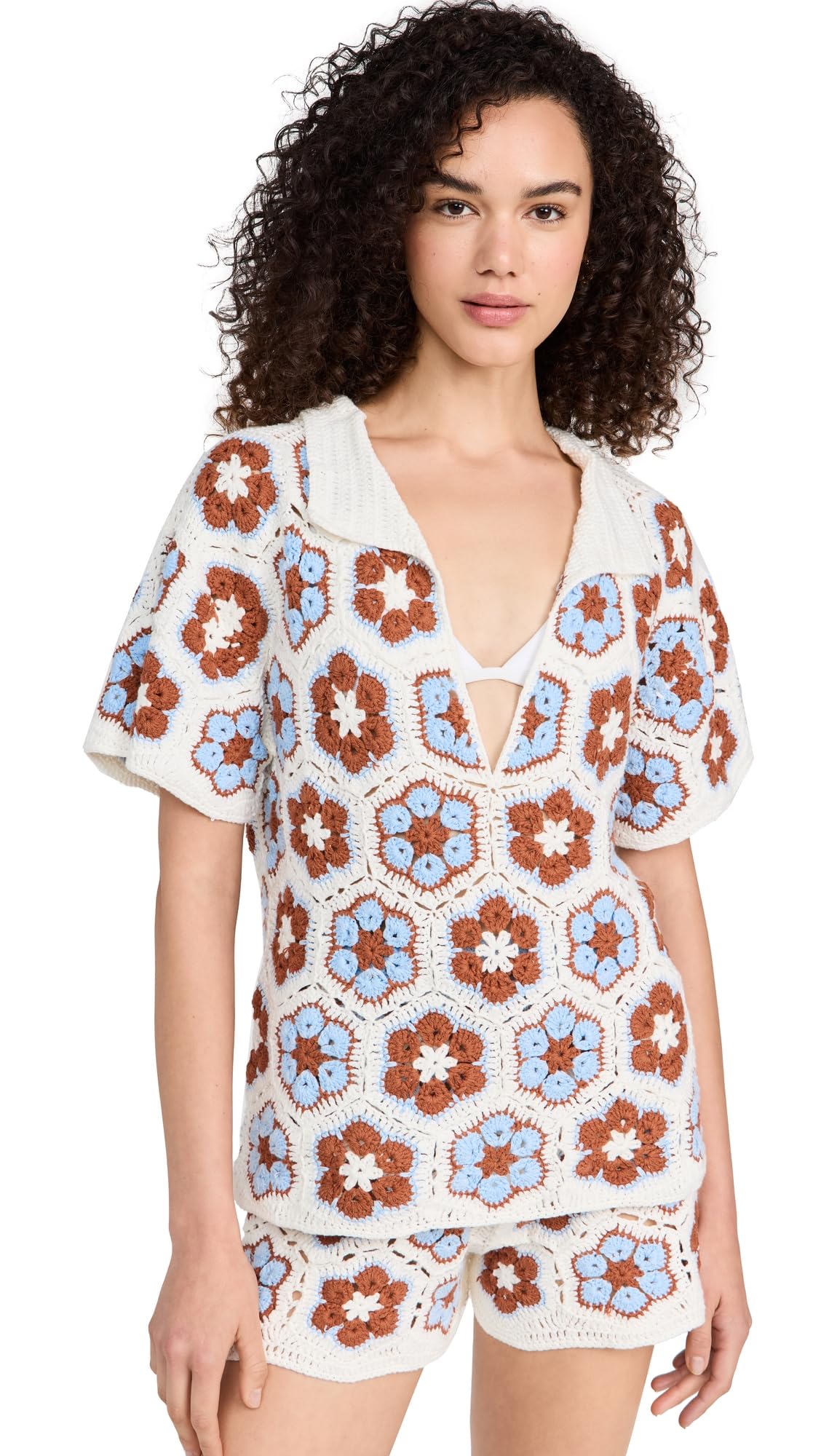 Women's Dawn Flower Crochet Shirt - Boho Lace Blouse for Summer Beach Vacation & Date Night Outfits