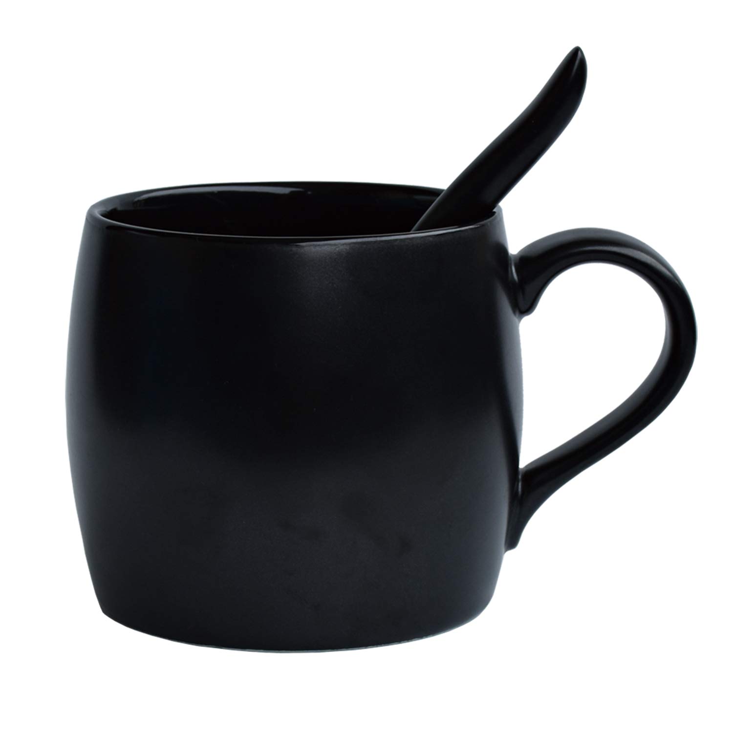Bosmarlin 14 oz Ceramic Coffee Mug with Spoon - Matte Black Tea Cup for Office, Home, Travel - Dishwasher & Microwave Safe - 1 Pack - Perfect for Hot Beverages, Gifts, and Daily Use