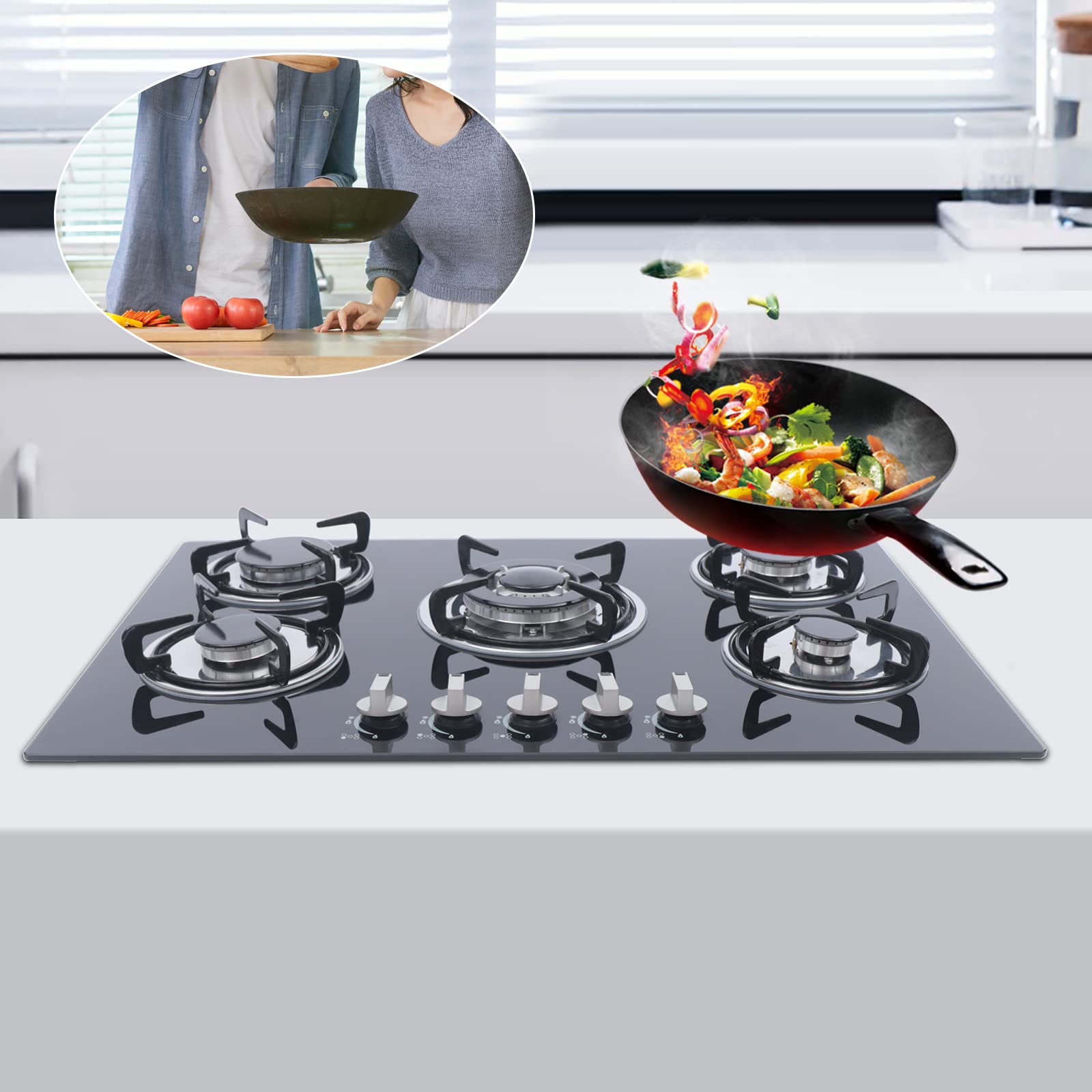 30 Inch 5 Burner Built-in Gas Cooktop with Tempered Glass & Cast Iron Grates - Thermocouple Protection for Safe Cooking - Perfect for Home Kitchen, Restaurant & Outdoor BBQ