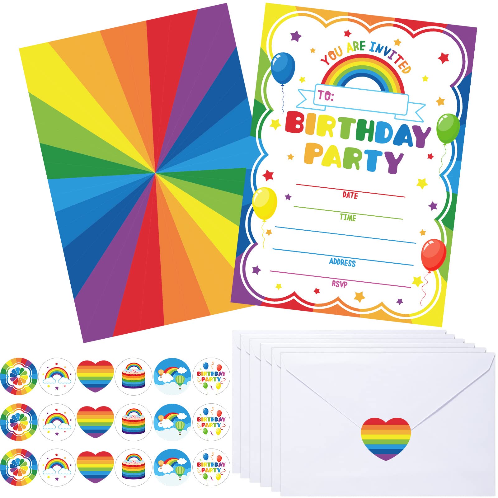 30 Pack Rainbow Birthday Party Invitations for Kids - Colorful Invitation Cards for Boys & Girls with 30 White Envelopes + 30 Rainbow Seal Stickers - Perfect for Birthday Celebrations, Themed Parties & Special Events