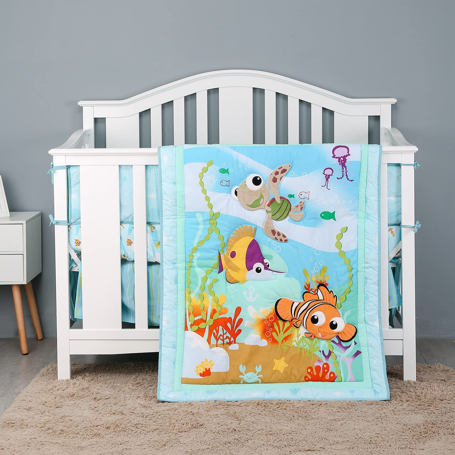 Ocean Themed Baby Crib Bedding Set - 7 Piece Nursery Set with Blue Embroidery, Fish & Turtle Design, 28x52 Inches - Perfect for Newborns & Toddlers in Coastal or Underwater Themed Nurseries
