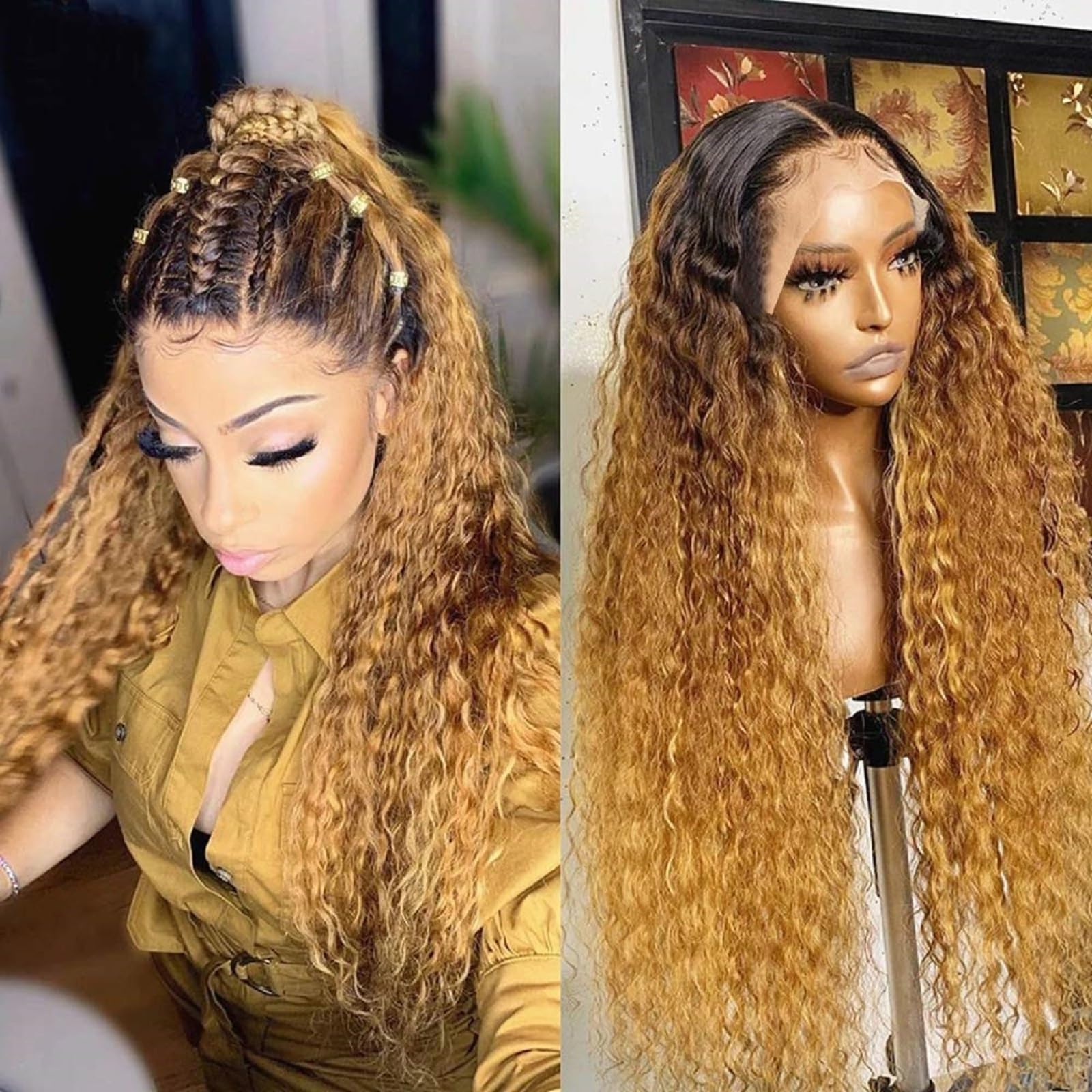 Omber Brown 27 Deep Wave 13x4 HD Lace Front Wig - 200% Density Human Hair with Pre-Plucked Hairline & Baby Hair | Natural Light Brown Curly Lace Frontal Wig for Women | Perfect for Daily Wear, Parties & Special Occasions