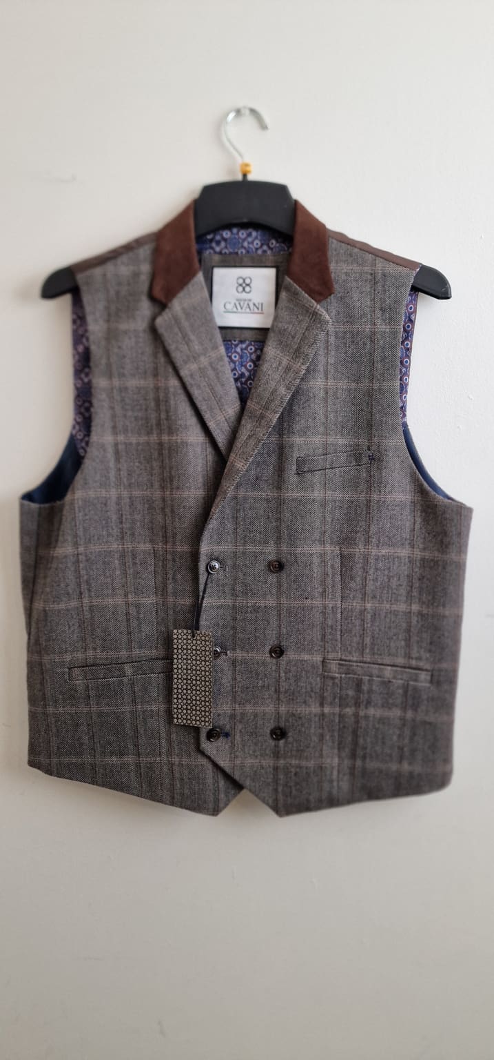 Stylish Cavani Connall Brown Tweed Check Double Breasted Waistcoat for Men | Formal & Business Attire | Perfect for Weddings, Office & Special Occasions