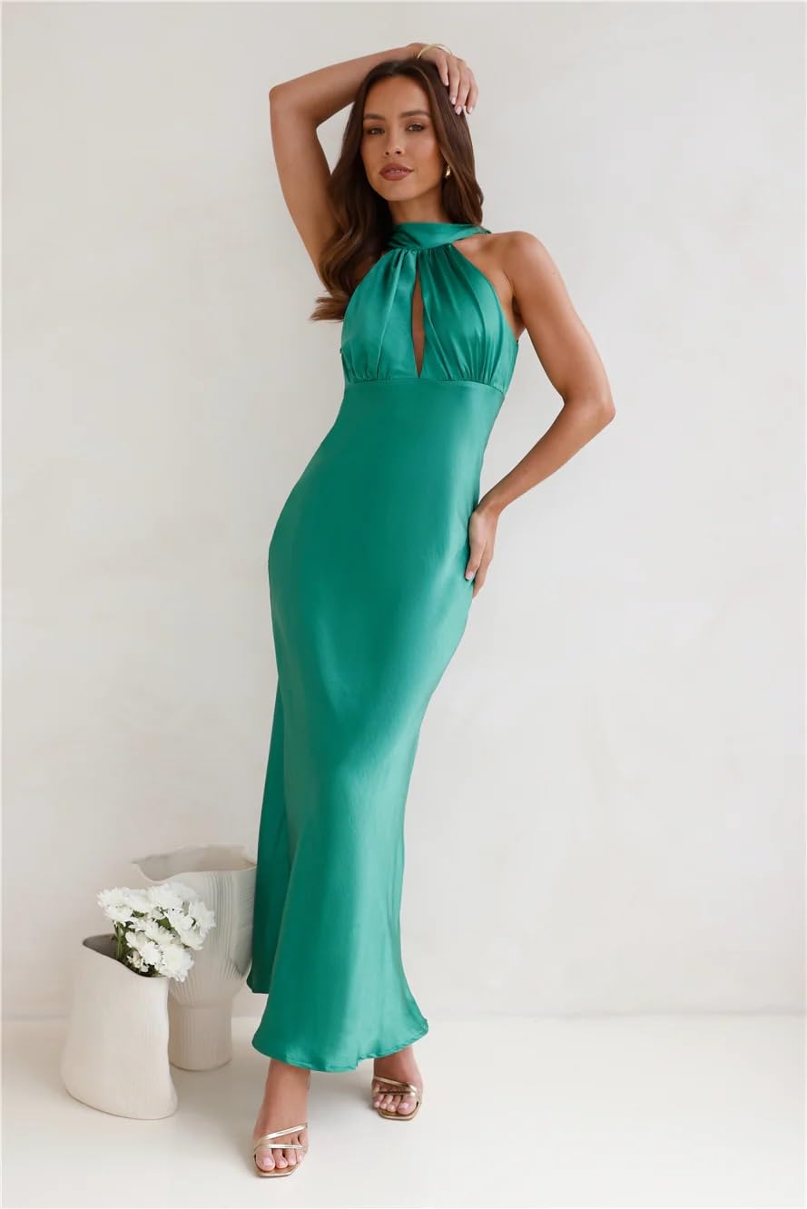 2024 Satin Cutout Halter Neck Midi Dress - Silk Sexy Sleeveless Backless Formal Dress with Empire Waist for Wedding Guest, Evening Party, Cocktail Reception & Special Occasions