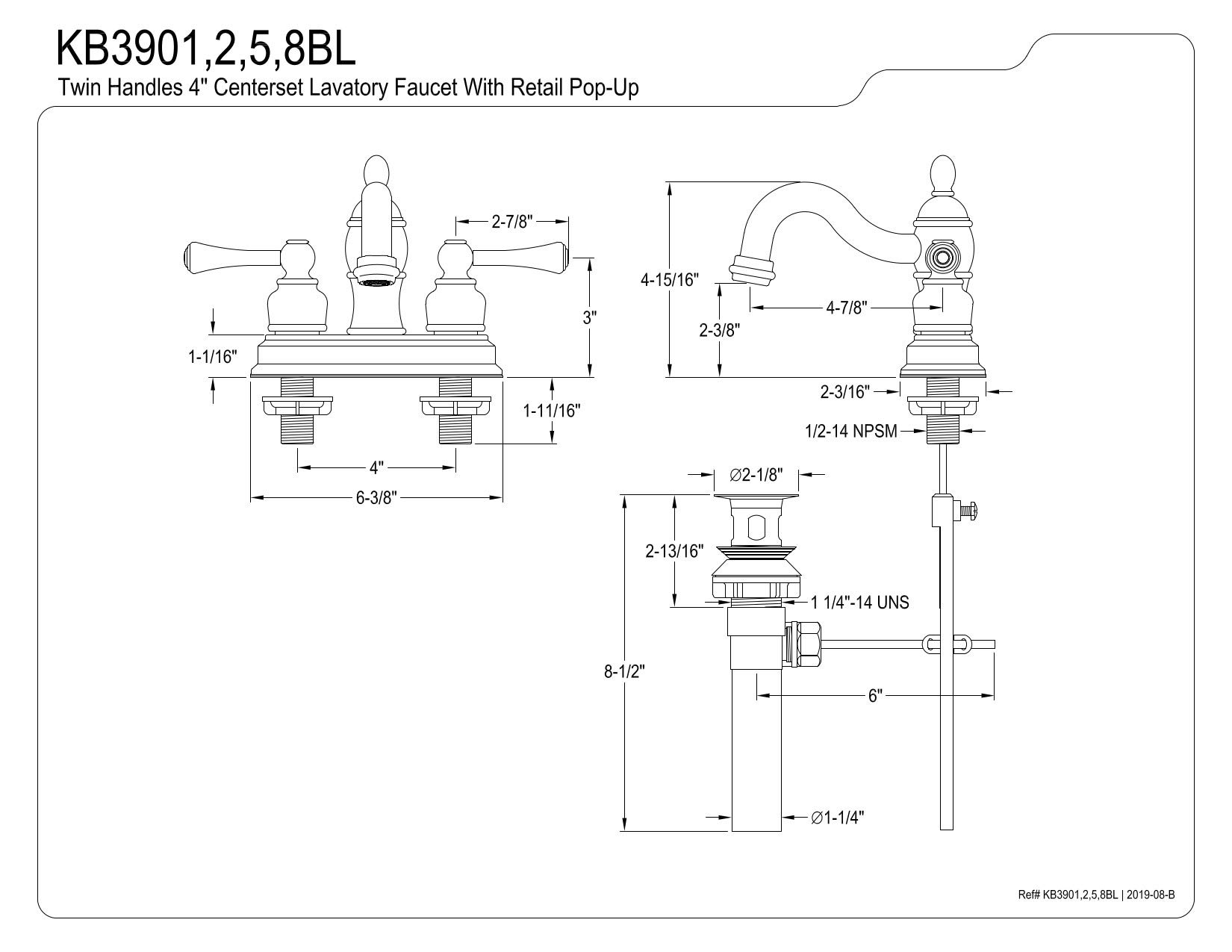 Kingston Brass KB3905BL Vintage Centerset Bathroom Sink Faucet with Pop-Up Drain - 4 Inch Oil Rubbed Bronze Finish - Perfect for Classic & Farmhouse Style Bathrooms