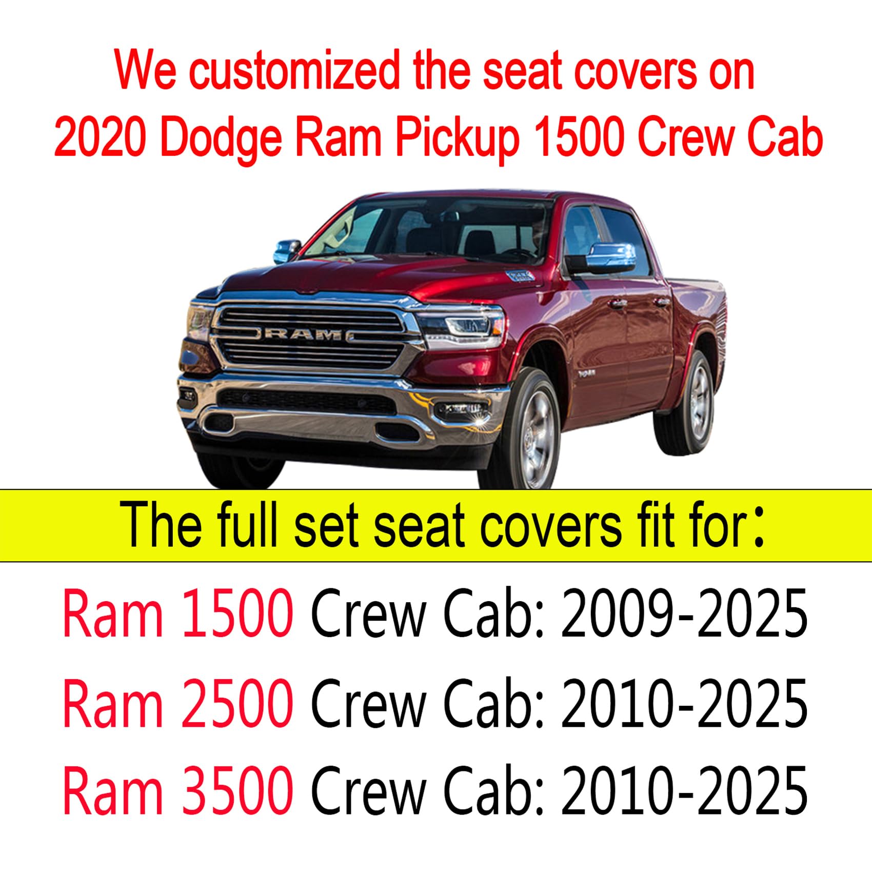 YIERTAI Dodge Ram Seat Covers Full Set for 2009-2025 1500/2500/3500 Pickup Trucks - Compatible with Classic, Bighorn, Longhorn, Laramie, Crew, Double, Mega Cab & Tradesman Models (Black/Gray) - Perfect for Off-Roading, Work & Daily Commute