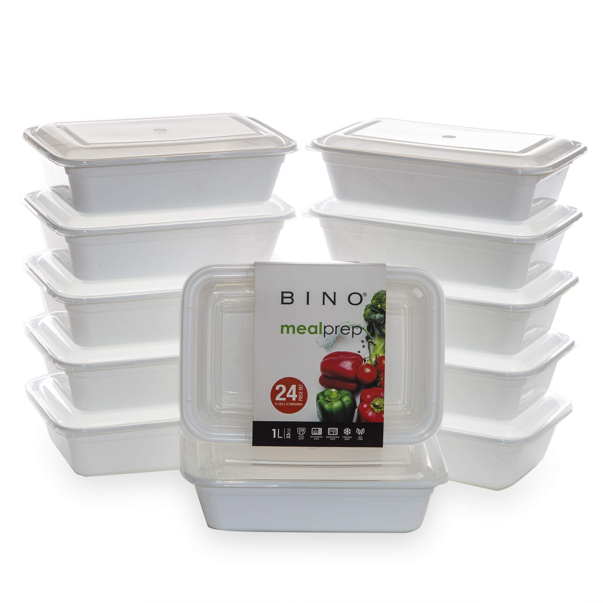 BINO 12-Piece White Food Storage Containers Set with Lids - 33oz 1-Compartment BPA-Free Plastic Meal Prep Containers | Microwave, Freezer & Dishwasher Safe | Perfect for Meal Prep, Leftovers & Office Lunch Storage