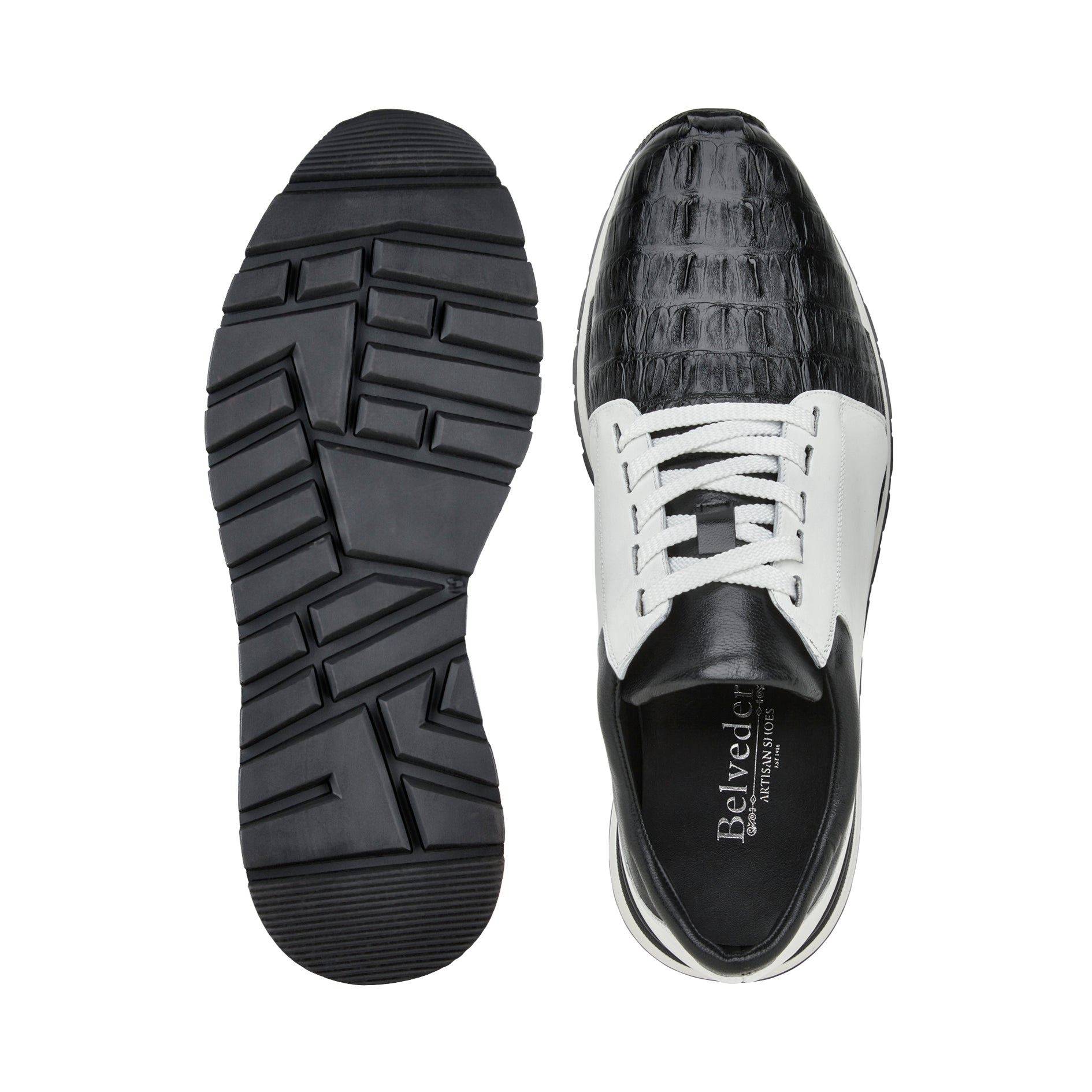 Belvedere Titan Genuine Caiman Crocodile & Italian Calf Leather Sneakers - Black/White (33631) | Luxury Men's Dress Shoes for Business & Formal Occasions