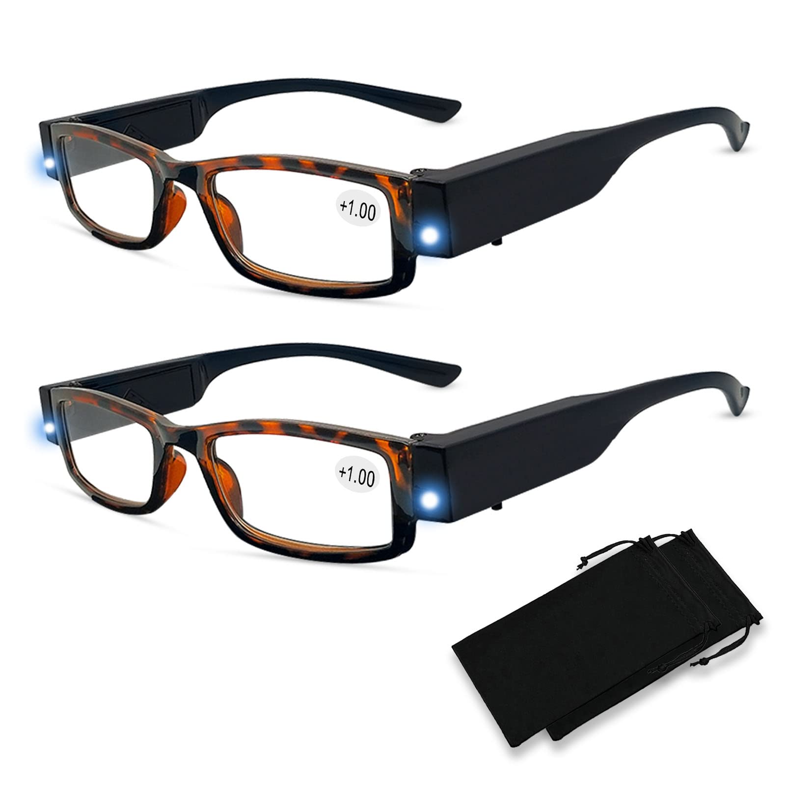 2 Pack LED Reading Glasses with Built-in Lights - Bright Magnifying Glasses for Men & Women - Perfect for Night Reading, Crafts & Low Light Conditions