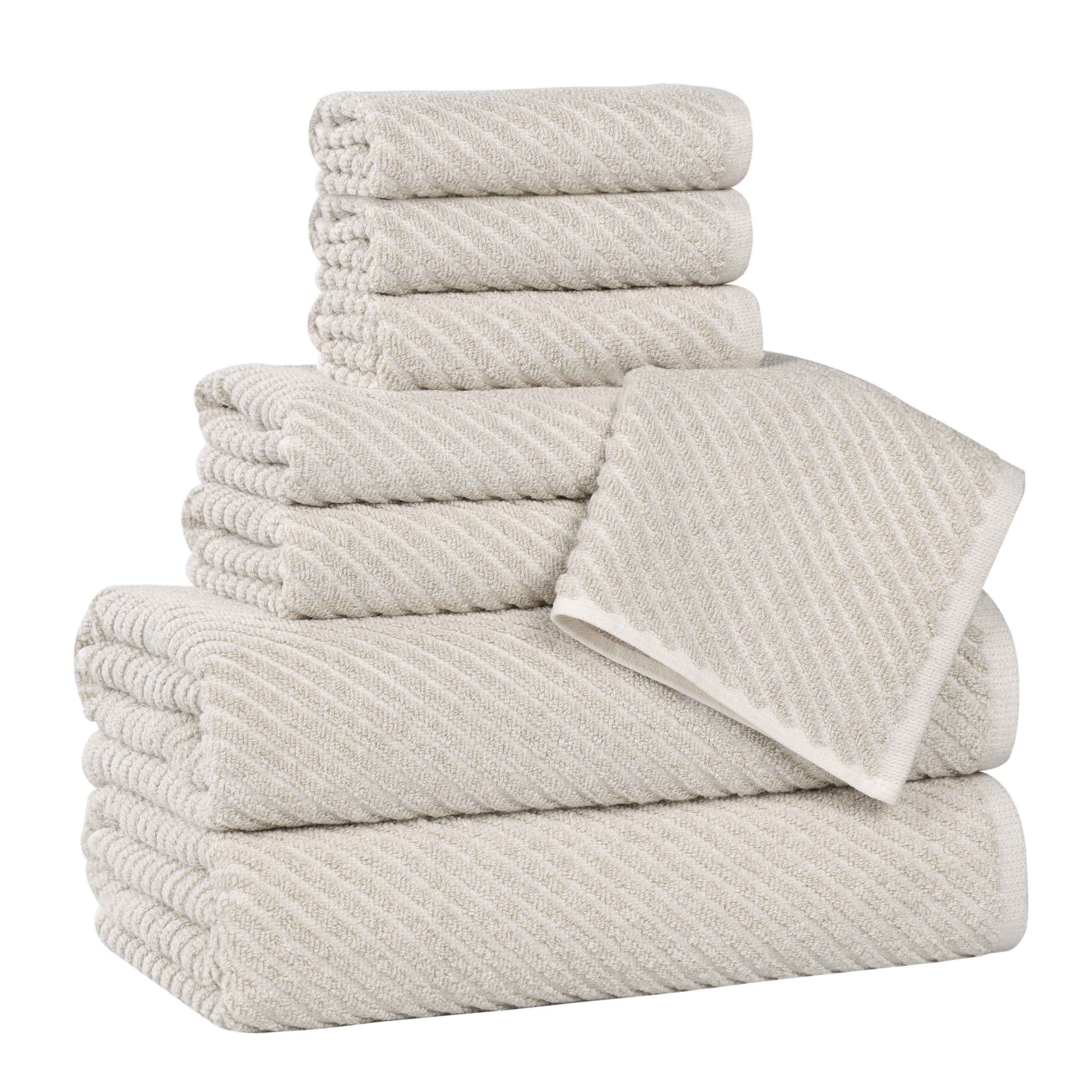 Amelia 8-Piece Cotton Blend Towel Set - Medium Weight Diagonal Stripes for Bathroom, Spa & Guest Use