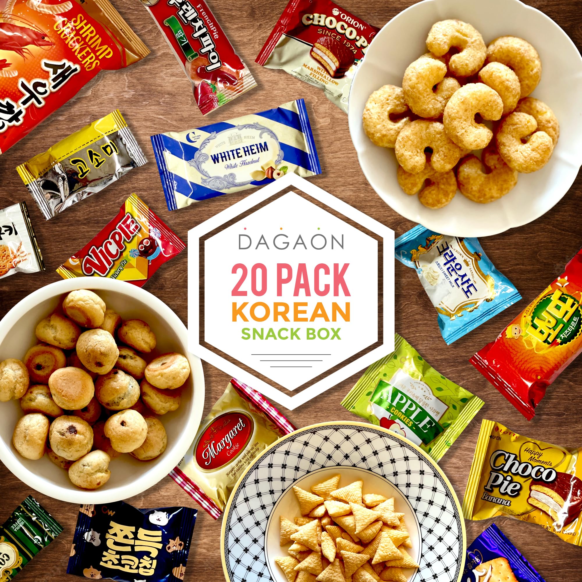 Dagaon Flavorful Mini Korean Snack Box - 20 Count Variety Pack with Chips, Biscuits, Cookies, Pies & Candies | Authentic Korean Treats for Parties, Gifts & Snacking