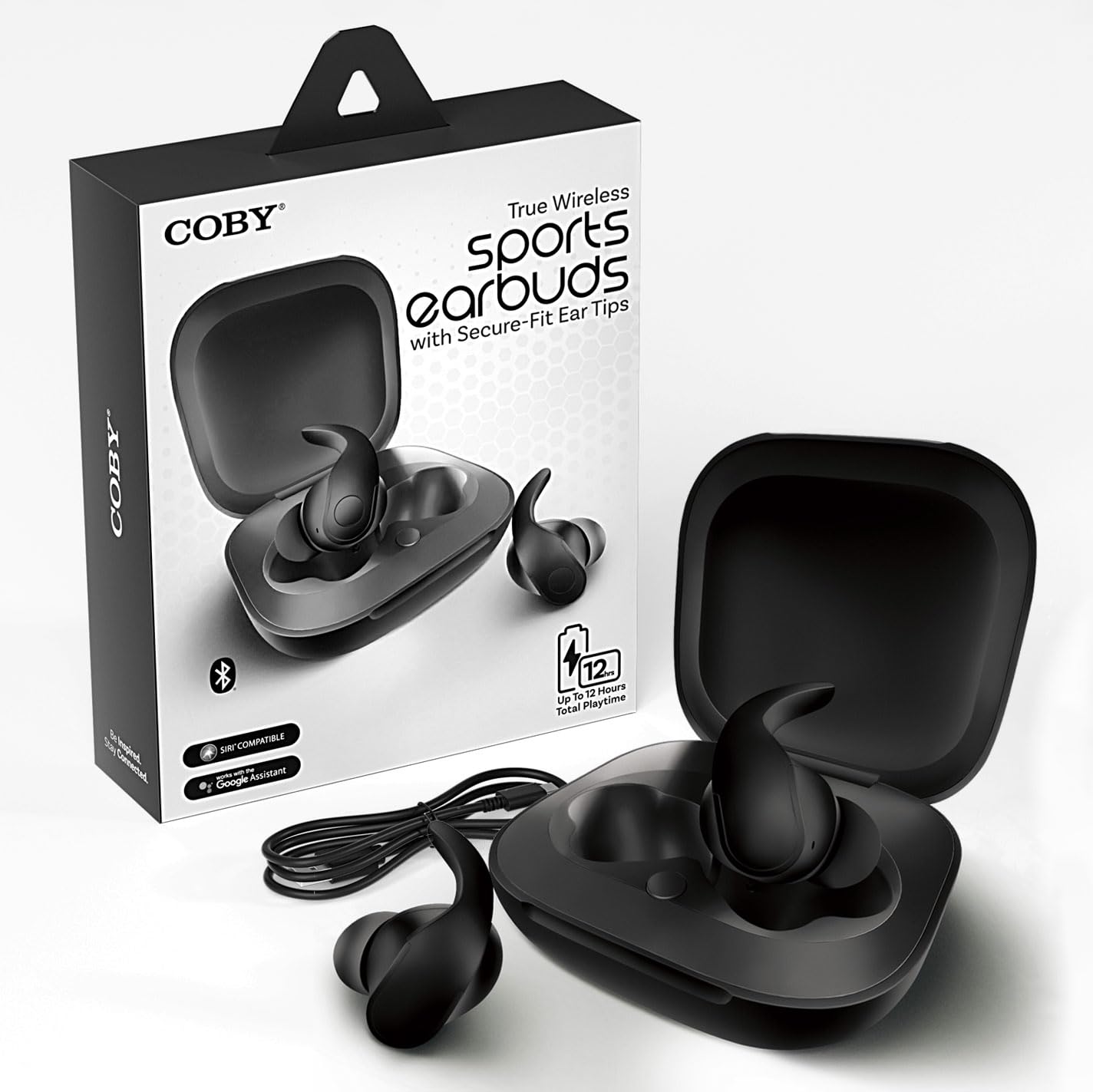 Coby Sports True Wireless Earbuds with Secure-Fit Ear Tips - 12 Hours Playtime, Sweat-Resistant, Noise-Isolating Bluetooth Headphones for Running, Gym & Workout (Black)