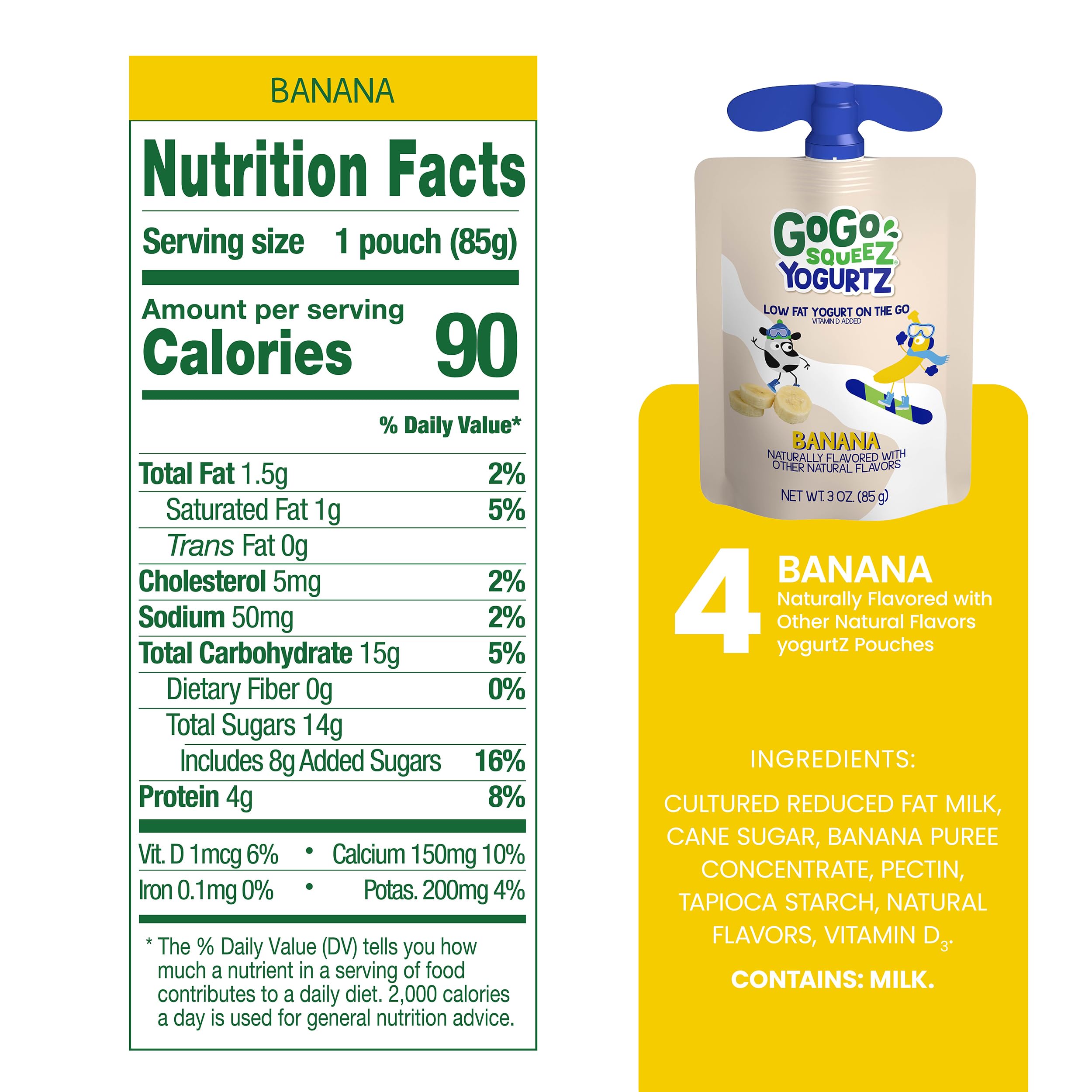 GoGo squeeZ YogurtZ Banana, 3 oz (4 Pouches) - Healthy Kids Snacks Made with Real Yogurt & Fruit - No Refrigeration Needed, Gluten Free, Kosher Certified - Perfect for Lunchboxes, School Snacks & On-the-Go Nutrition