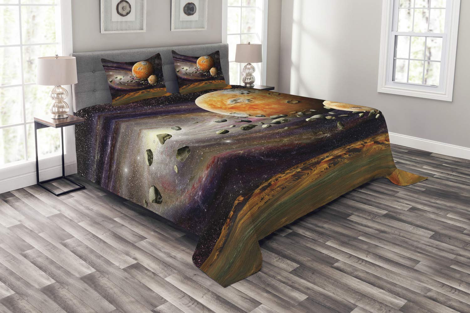Ambesonne Galaxy Bedspread Set - King Size Space Themed 3-Piece Quilted Coverlet with 2 Pillow Shams | Universe, Planets & Stars Design in Green Purple Yellow White | Perfect for Astronomy Lovers' Bedroom Decor & Cosmic Themed Rooms