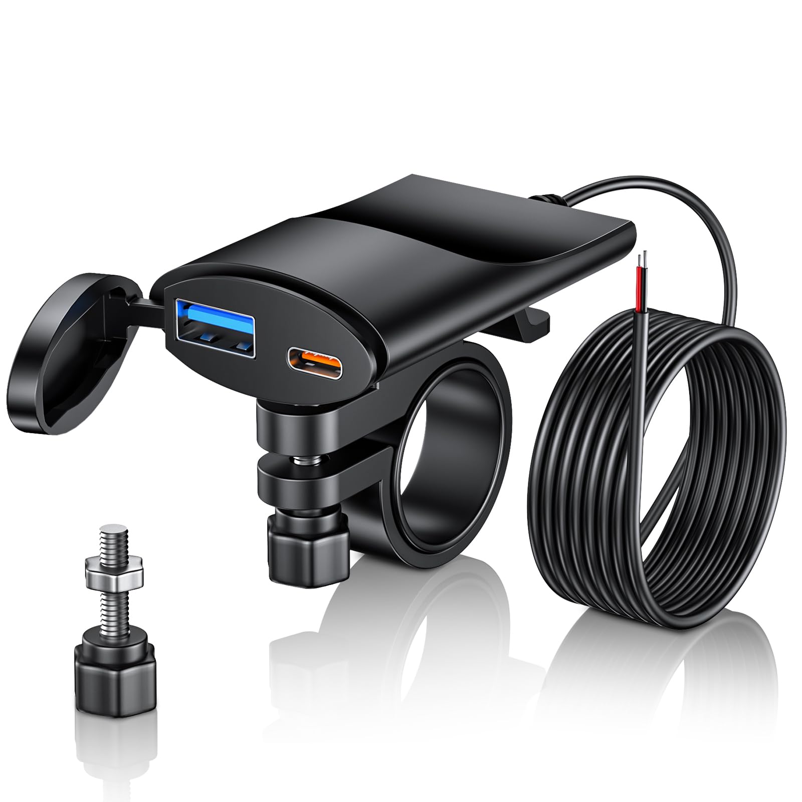 30W PD & 18W QC3.0 Fast Charging Waterproof Motorcycle USB Charger - Type-C & USB-A Dual Port Smart Power Off ATV Handlebar Socket - Compatible with Phones, Tablets, GPS - Perfect for Adventure Riding, Commuting & Outdoor Navigation