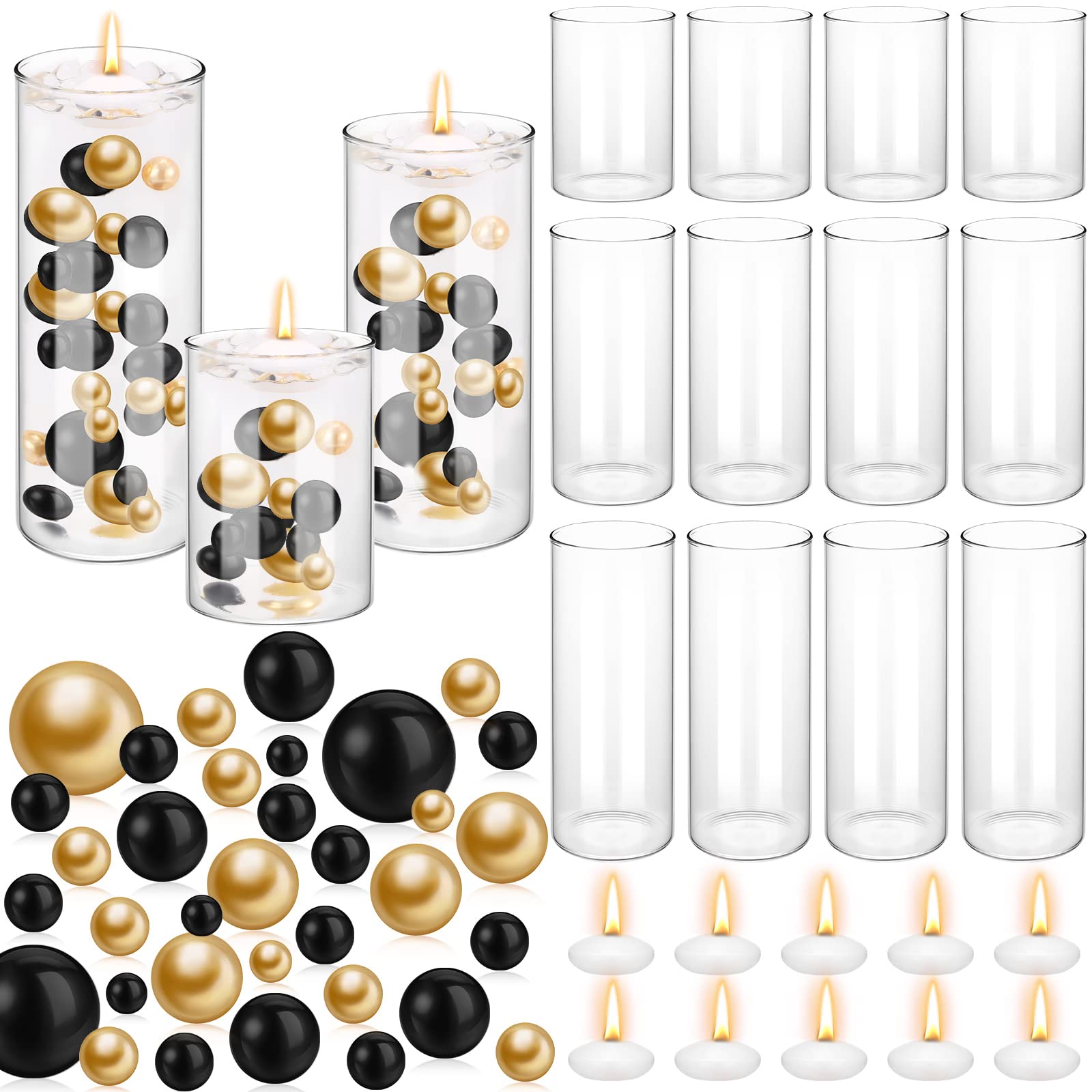 12-Piece Glass Cylinder Vase Set with 260 Gold & Black Pearl Beads, 20,000 Clear Gel Beads & 24 White Floating Candles - Wedding Centerpieces, Table Decor, Home Decoration for Weddings, Parties & Events