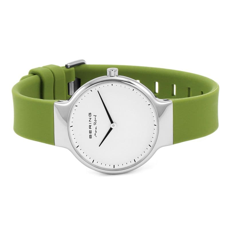 BERING 15531 800 MAX Women's Watch - Polished Silver Case & Green Rubber Strap - Elegant & Durable for Everyday Wear, Sports & Outdoor Activities