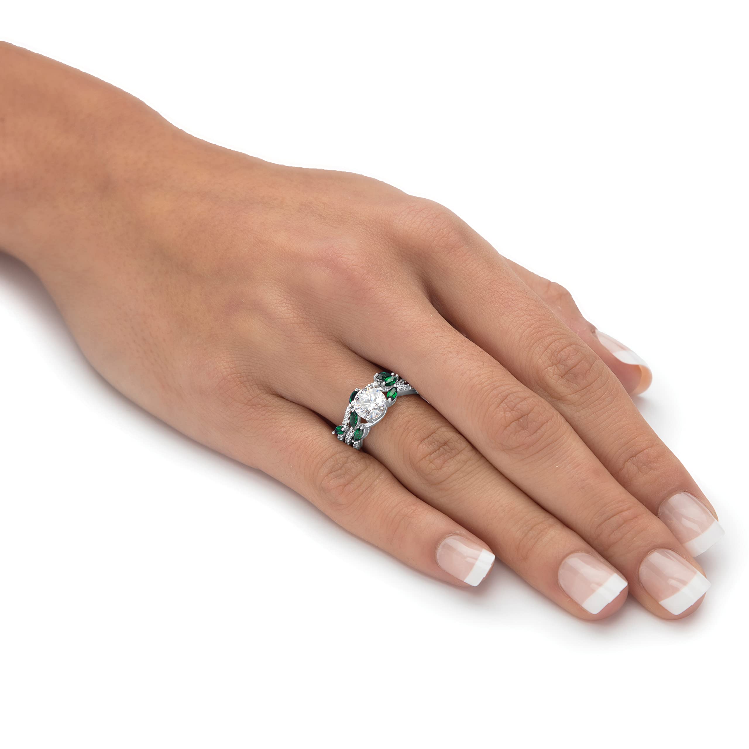 Platinum Over Sterling Silver Round Cubic Zirconia & Marquise Green Emerald Twisted Vine Bridal Ring Set - Elegant Wedding, Engagement, Anniversary Jewelry Gift for Women