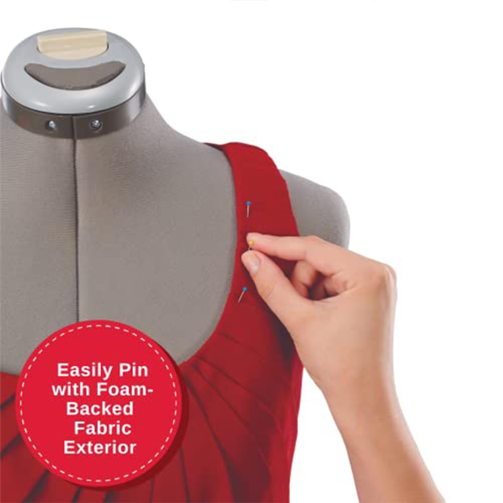SINGER Adjustable Dress Form Mannequin for Women - Size 10-18, Gray Pinnable Body Torso with 360° Hem Guide, Foam-Backed Fabric, 12 Dials & Tripod Stand | Perfect for Tailoring, Fashion Design, Sewing Projects & Dressmaking