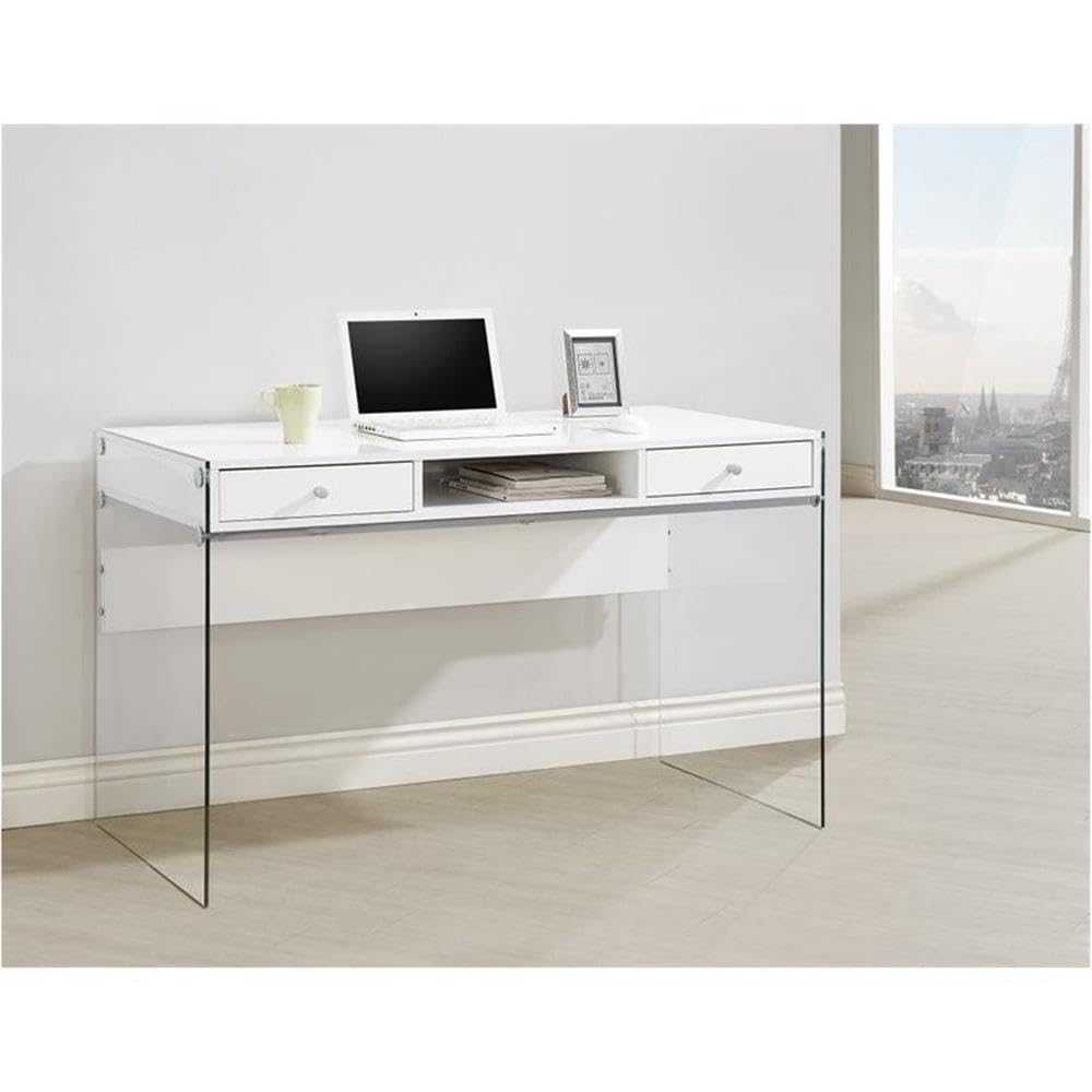 Allora Contemporary 2-Drawer Wood and Glass Writing Desk in Glossy White - Modern Home Office Desk for Small Spaces, Study & Work from Home