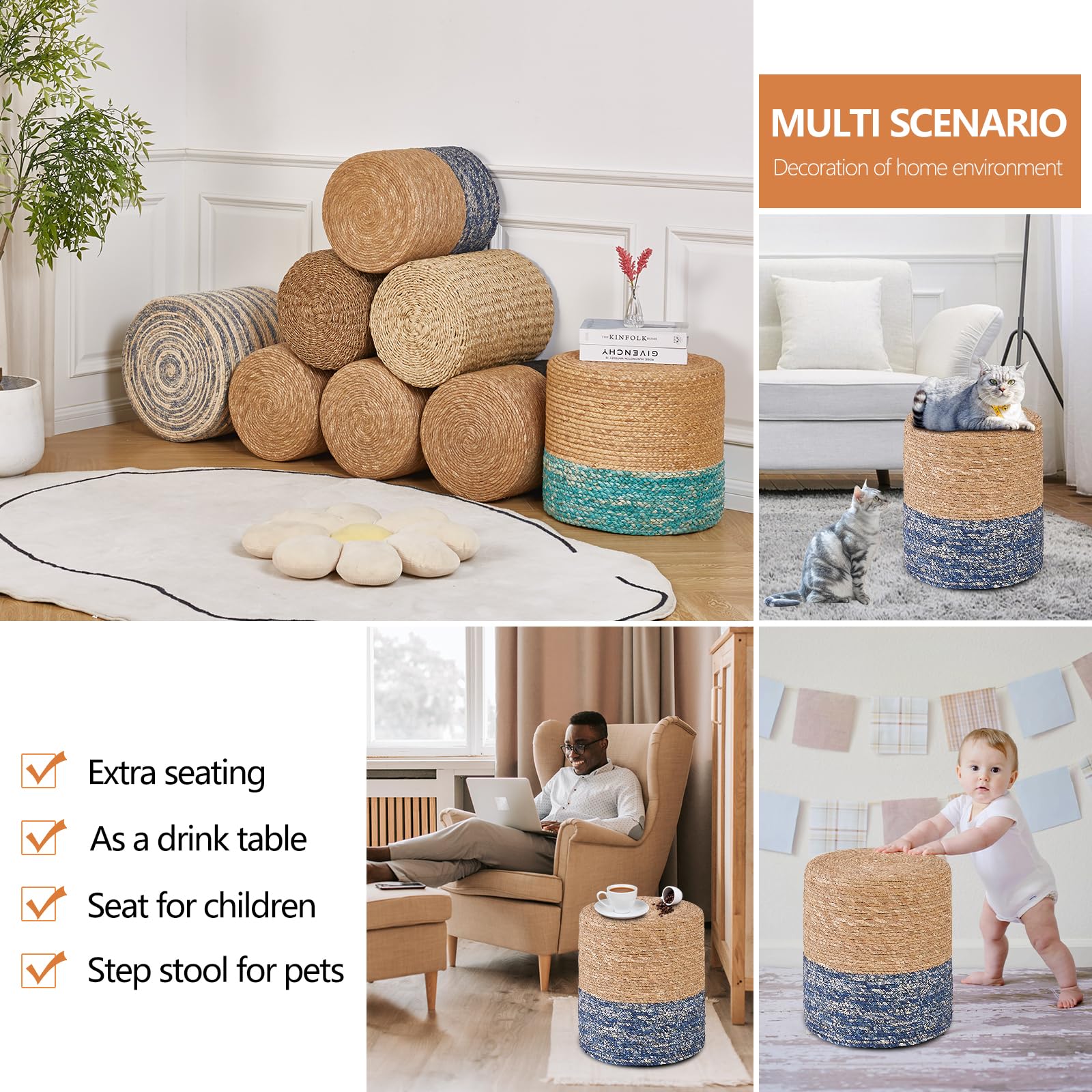 Wimarsbon Natural Seagrass Handwoven Round Ottoman Footstool - Eco-Friendly Living Room & Outdoor Seating (Natural & Blue) - Perfect for Home Decor, Patio Furniture, and Cozy Reading Nooks