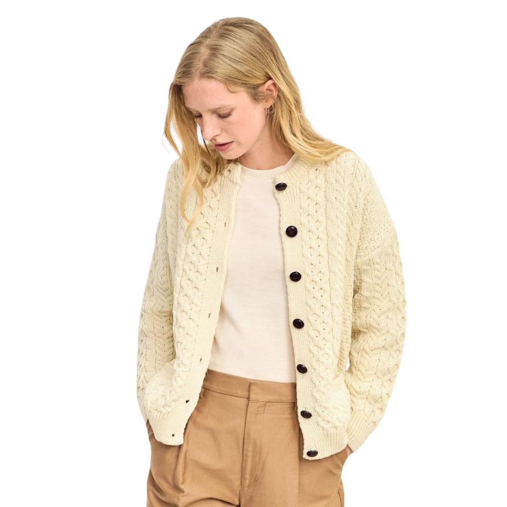 Women's Irish Cable Knit Aran Cardigan Sweater - 100% Pure Merino Wool - Handmade in Ireland - Cozy Winter Wear for Office, Dates & Holiday Outfits