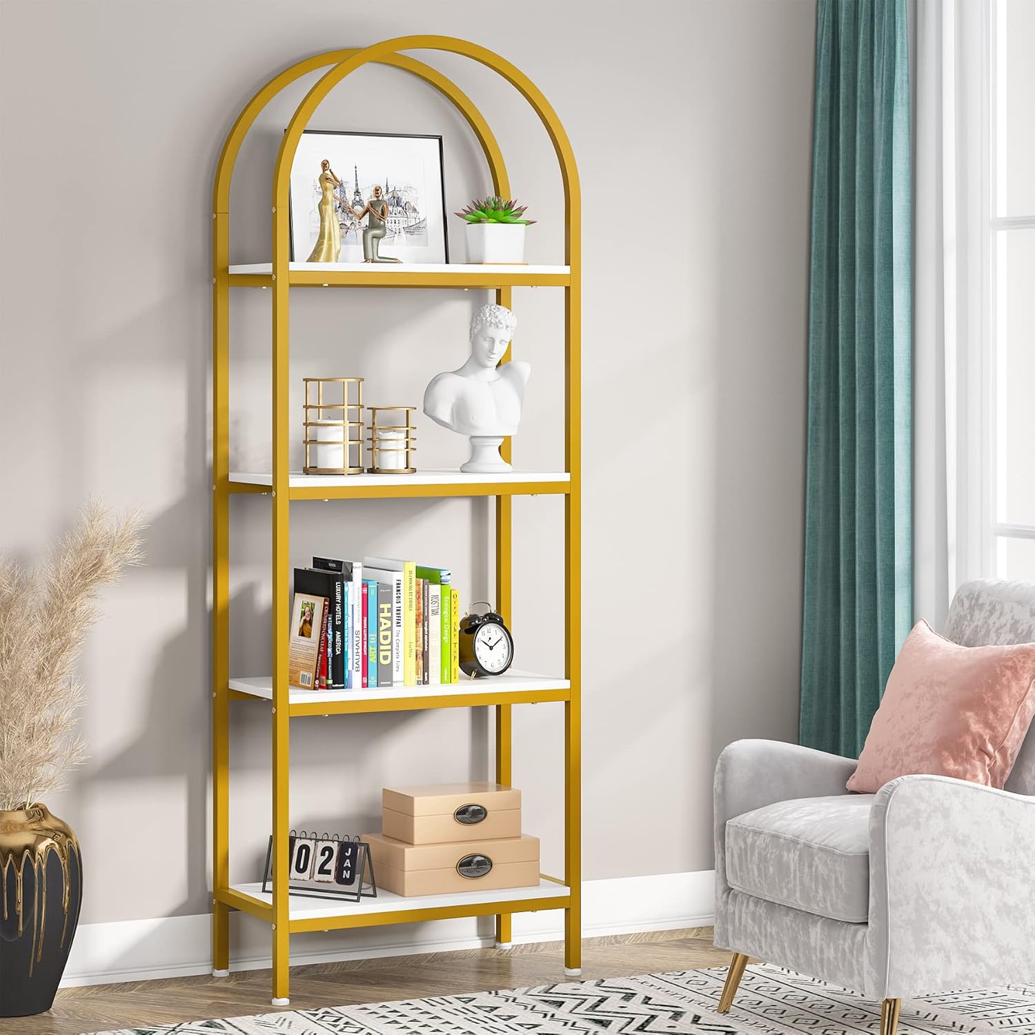 4 Tier / 5 Tier Wooden Bookshelf - Modern Arched Bookcase with Storage Shelves for Home Office, Living Room & Bedroom Organization | Perfect for Books, Decor & Display Storage