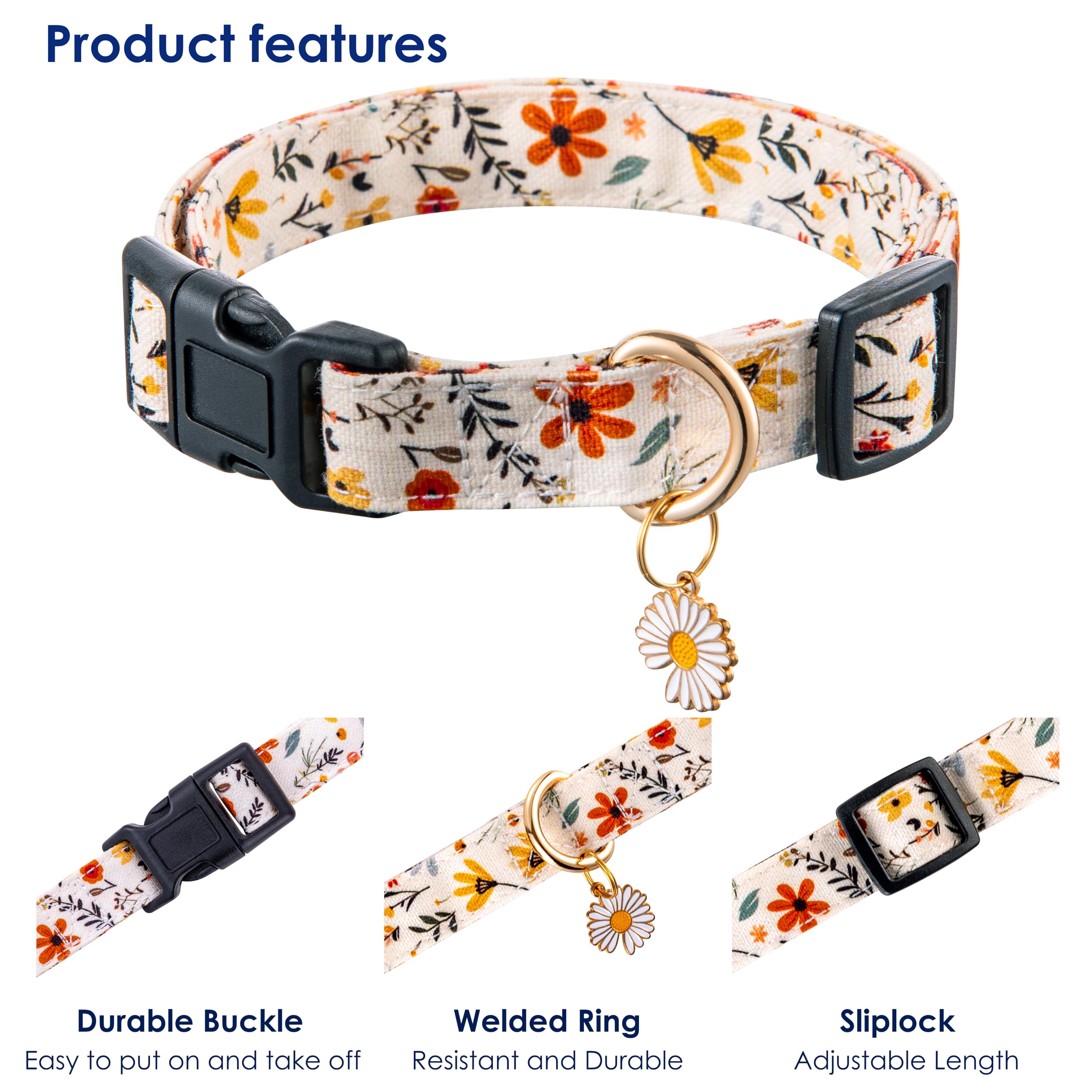 Adjustable Beige Floral Dog Collar for Small to Medium Breeds - Cute Holiday Gift for Boys & Girls - Perfect for Summer & Fall Outings, Walks & Pet Photos