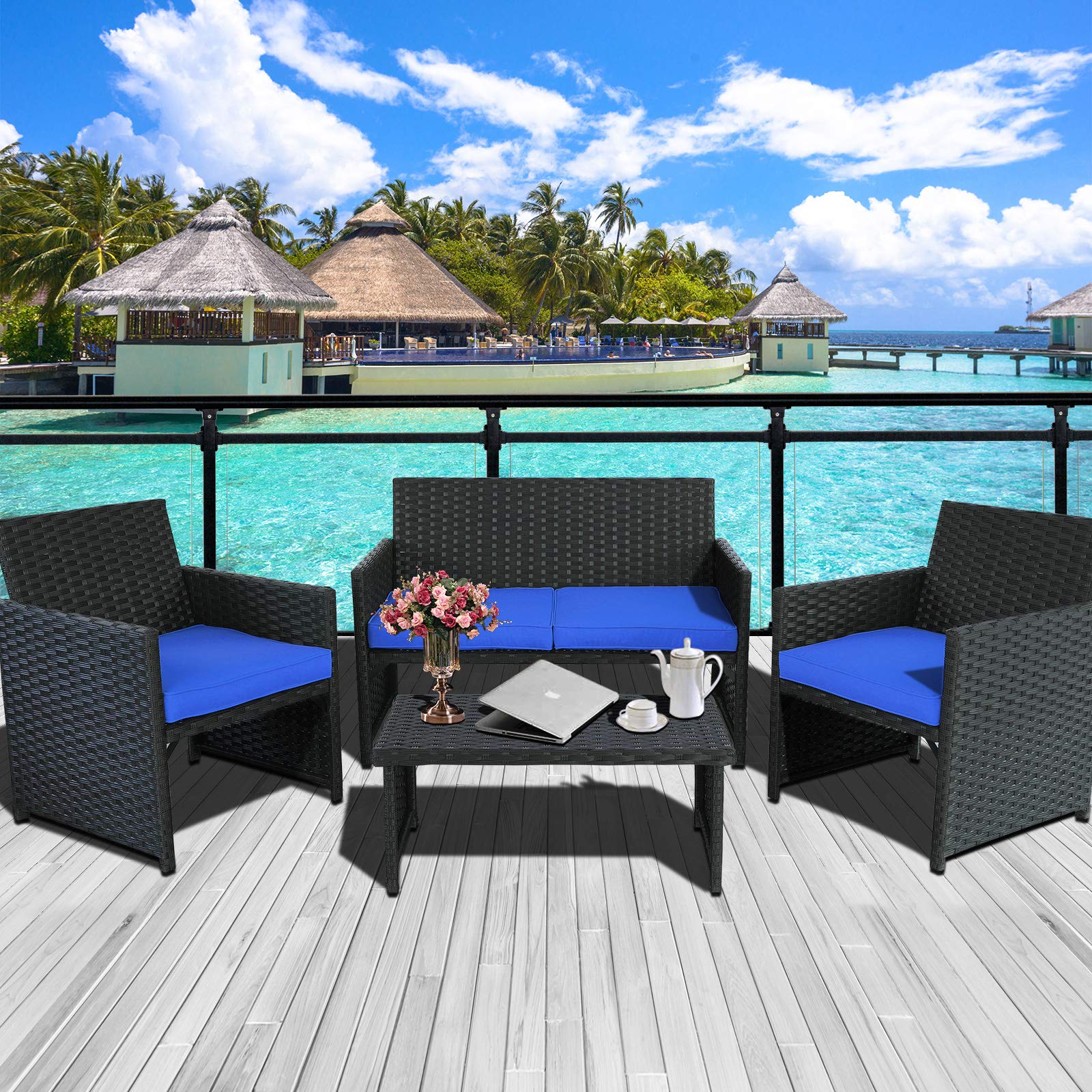 Valita 4-Piece Outdoor Wicker Patio Furniture Set - Rattan Sofa & Armchair with Coffee Table & Royal Blue Cushions - Perfect for Garden, Poolside, and Backyard Relaxation