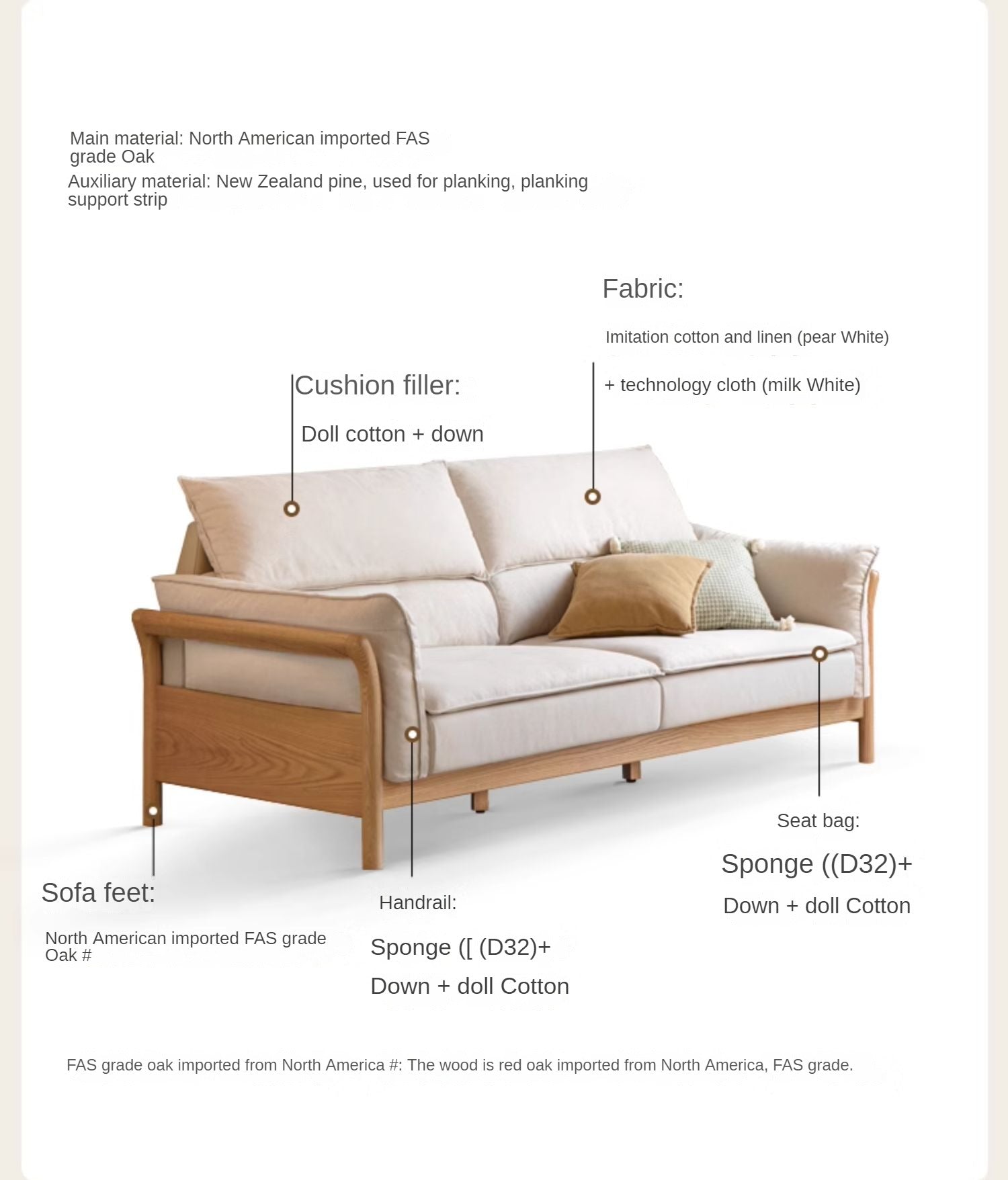Premium Oak Solid Wood White Goose Down Cotton Sofa - Luxurious Comfort for Living Room, Lounge & Home Decor