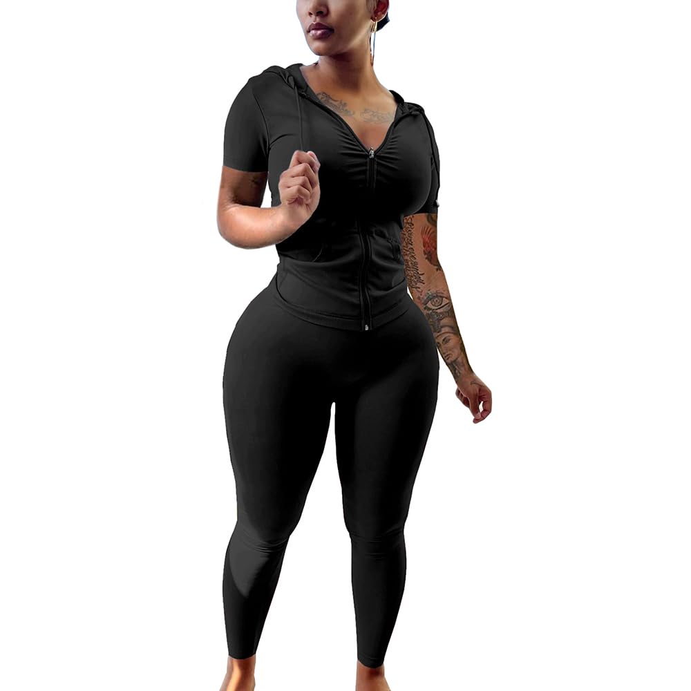PINSV Women's 2-Piece Workout Set - Short Sleeve Bodycon Tracksuit & Joggers | Gym Outfit, Yoga Clothes, Running & Lounge Wear
