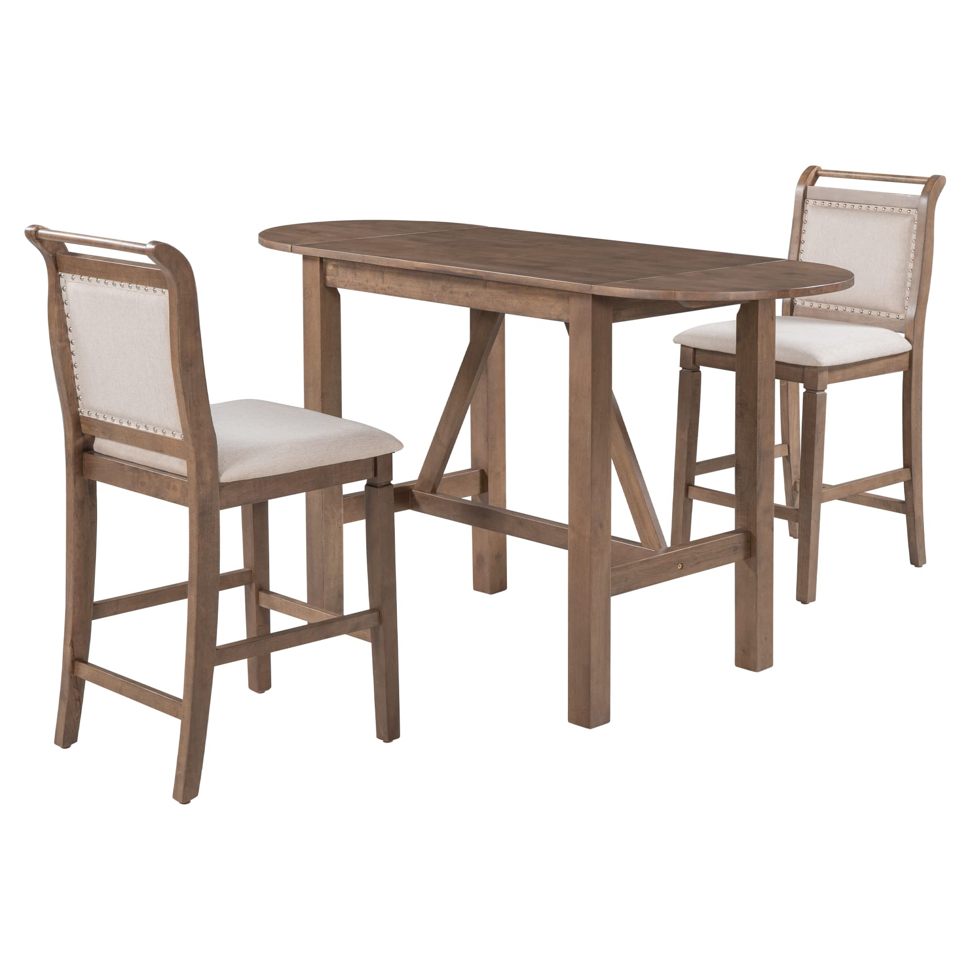 Voohek 3-Piece Counter Height Dining Table Set with 2 Upholstered Chairs & Drop Leaf - Compact Space-Saving Design for Small Kitchen, Breakfast Nook, Apartment Dining, Bar or Bistro - Rich Brown Finish