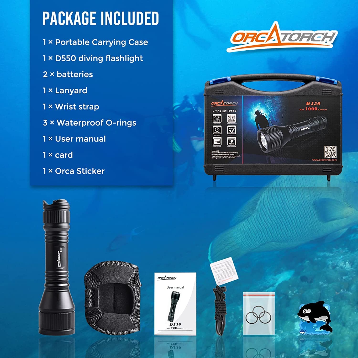 ORCATORCH D550 1000 Lumens Scuba Diving Flashlight - IP68 Waterproof Dive Light with 3 Modes & Wrist Mount for Underwater Exploration, Night Diving, Spearfishing, and Marine Sports